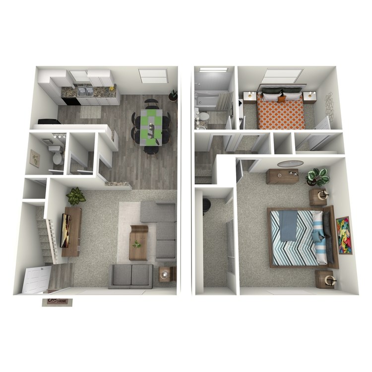 2 Bed 1.5 Bath Townhome, a 2 bedroom 1.5 bathroom floor plan.