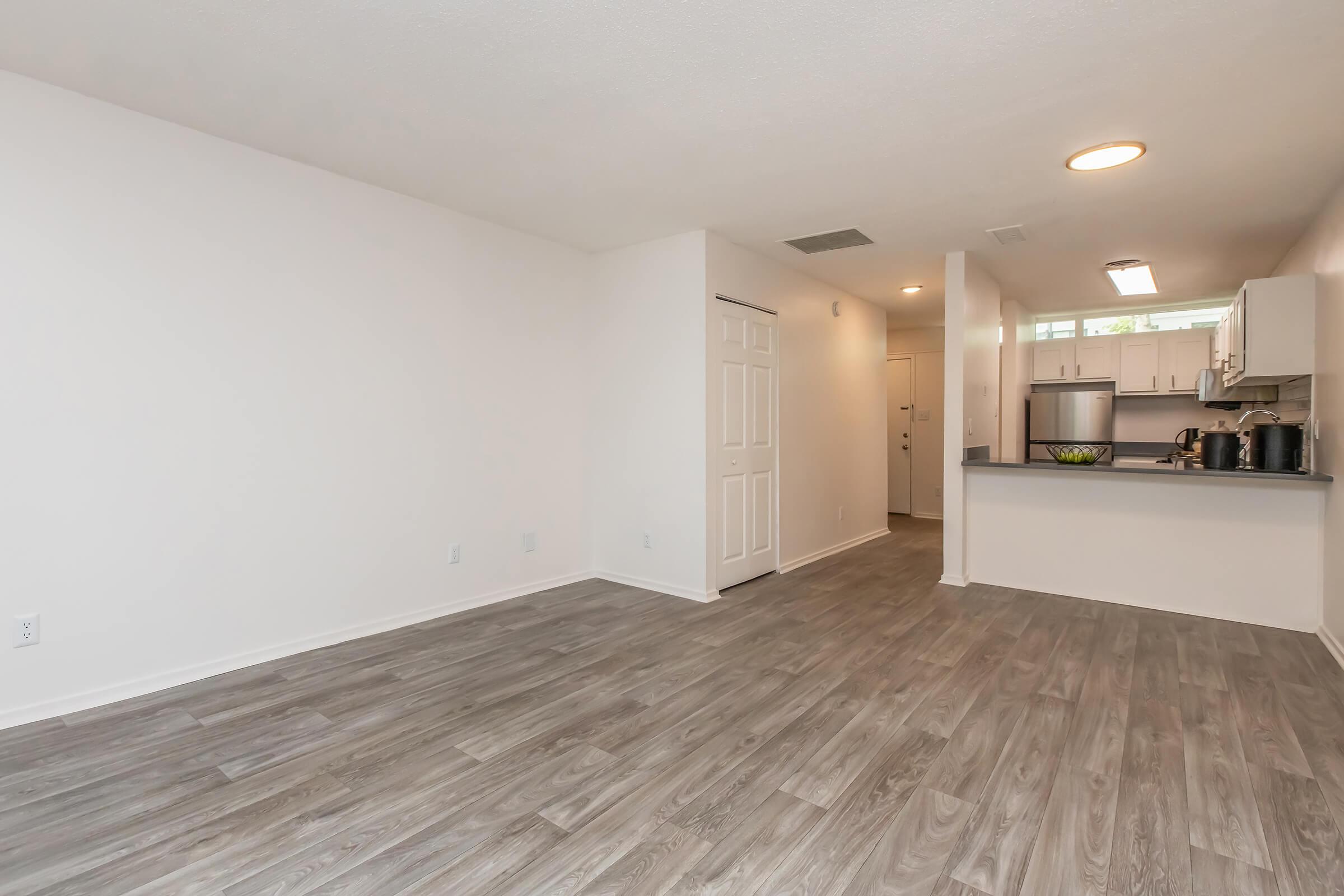 Spacious, modern interior of an apartment featuring light-colored walls, vinyl flooring, and an open layout. The kitchen is visible with white cabinetry, stainless steel appliances, and a countertop. Natural light enters through a window, and there are no furnishings in the room, emphasizing a clean and minimalist design.