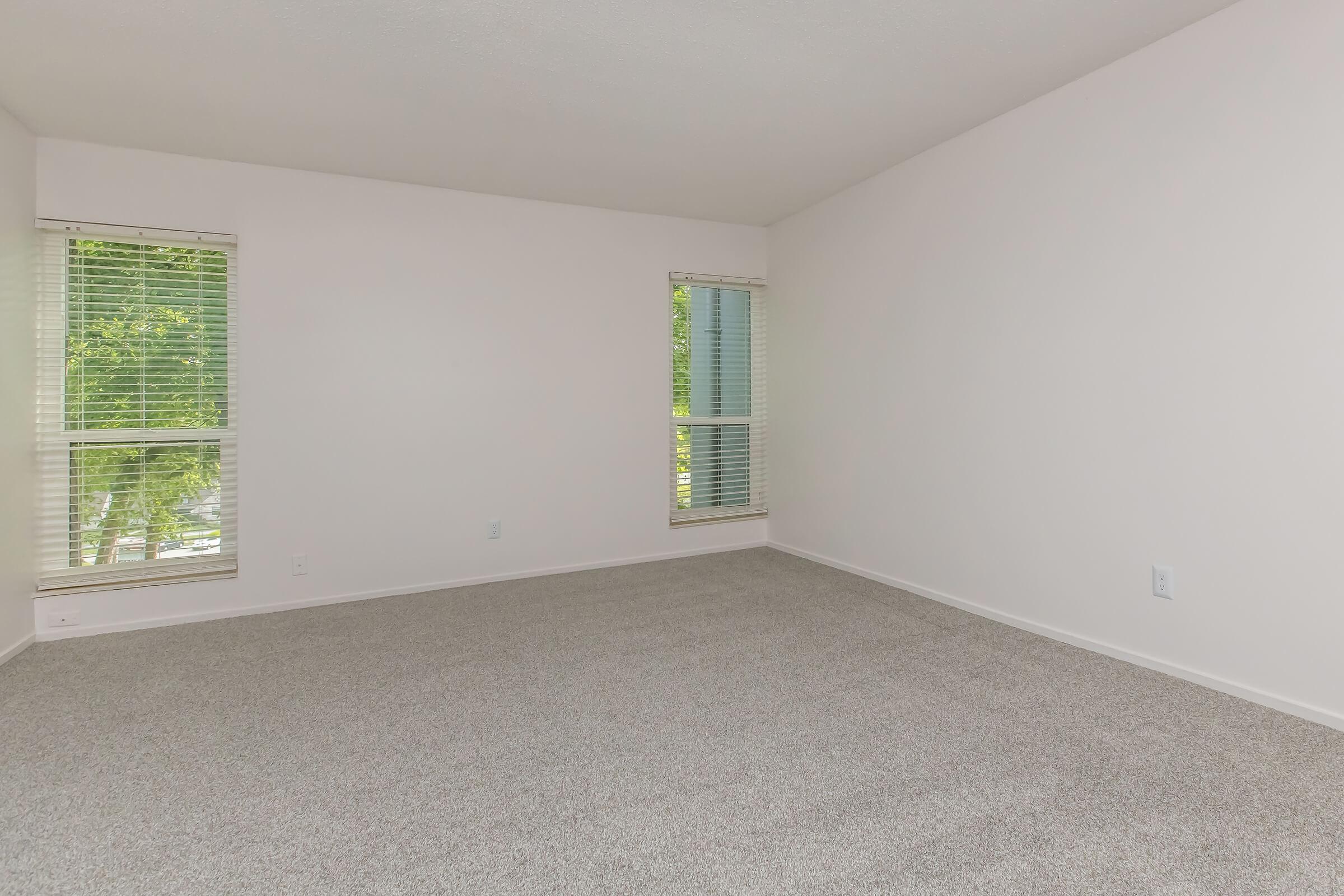 A spacious, empty room with light-colored walls and a carpeted floor. It features two windows with blinds that let in natural light, providing a bright and airy atmosphere. The room has no furniture, allowing for various design possibilities.