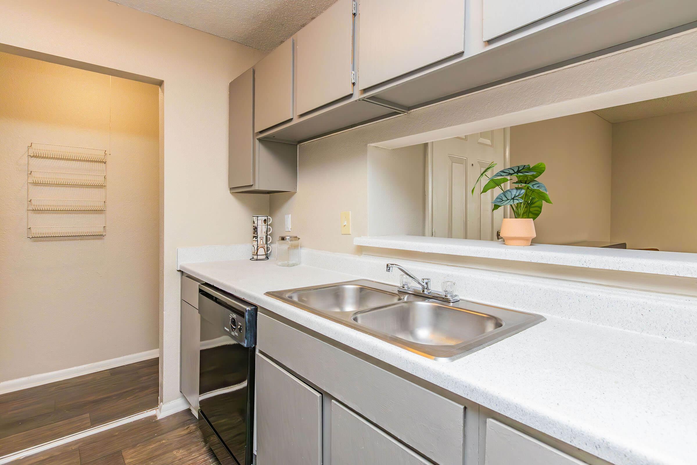 a kitchen with a sink and a mirror