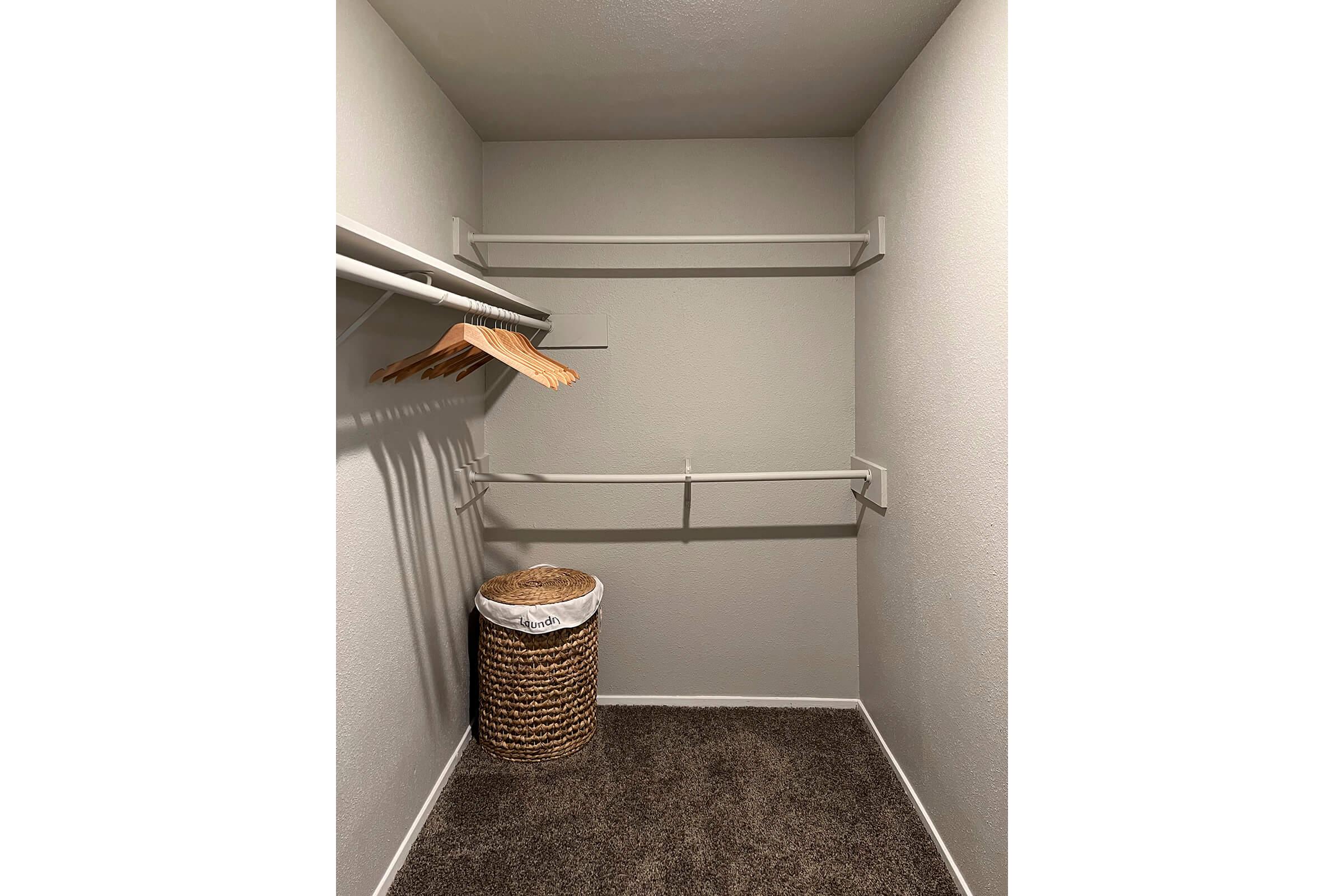 A clean, empty closet with light gray walls. It features two hanging shelves, one with wooden hangers, and a woven laundry basket on the floor. The carpet is a soft brown, adding warmth to the minimalist space.