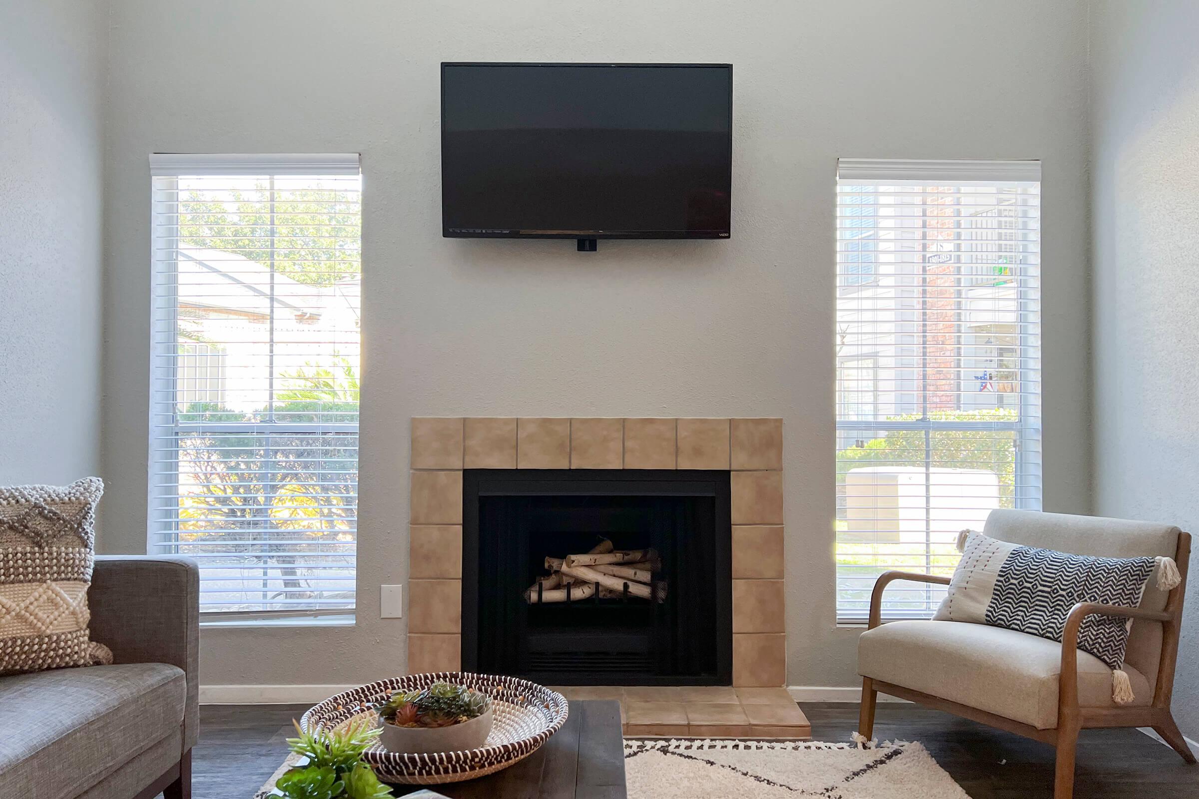 A cozy living room featuring a gray sofa with decorative pillows, a beige armchair, a fireplace with logs, and a flat-screen TV mounted on the wall. Natural light streams through two windows, enhancing the inviting atmosphere. A patterned area rug and a decorative bowl with greenery complete the decor.