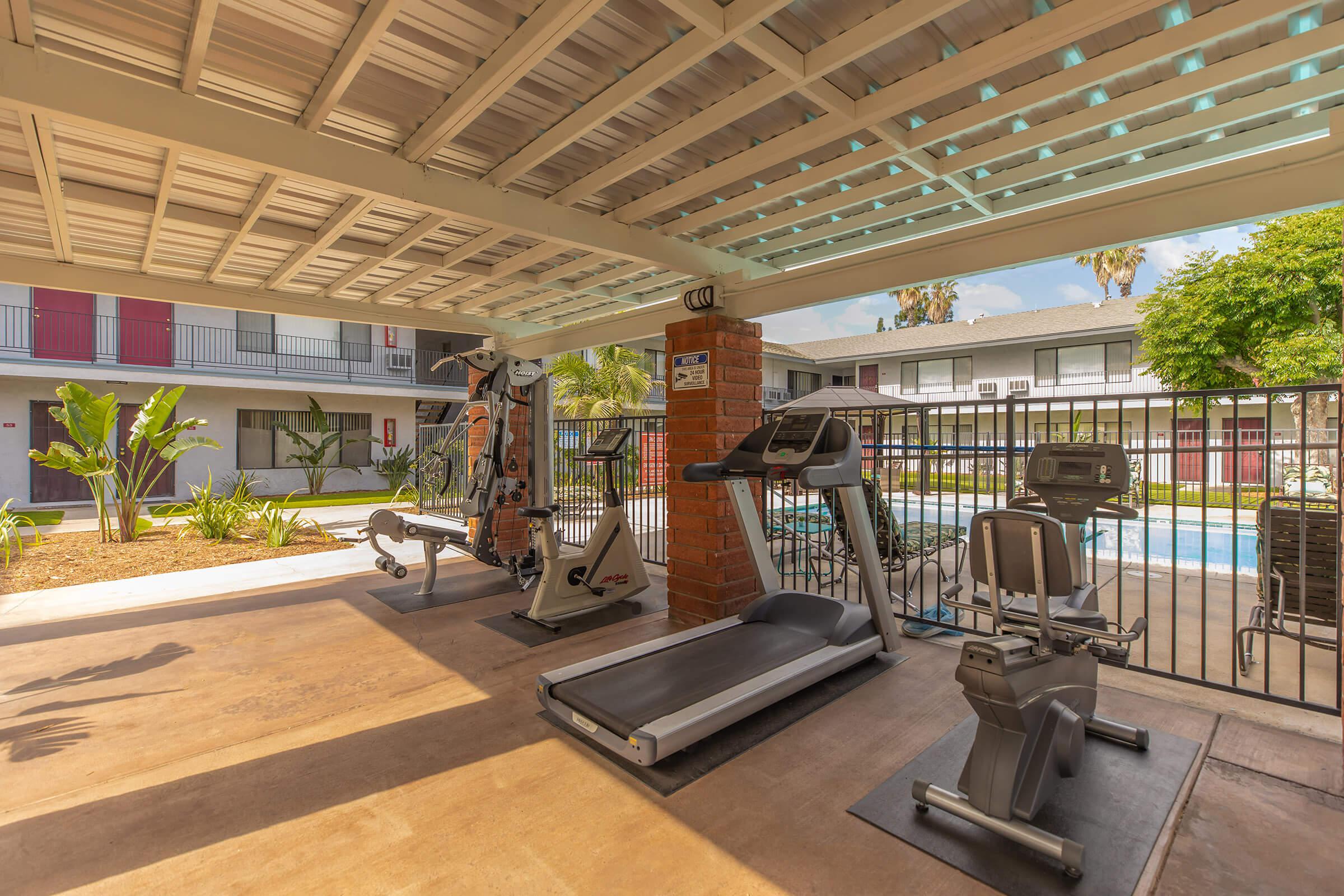 Work-out equipment looking toward the community pool