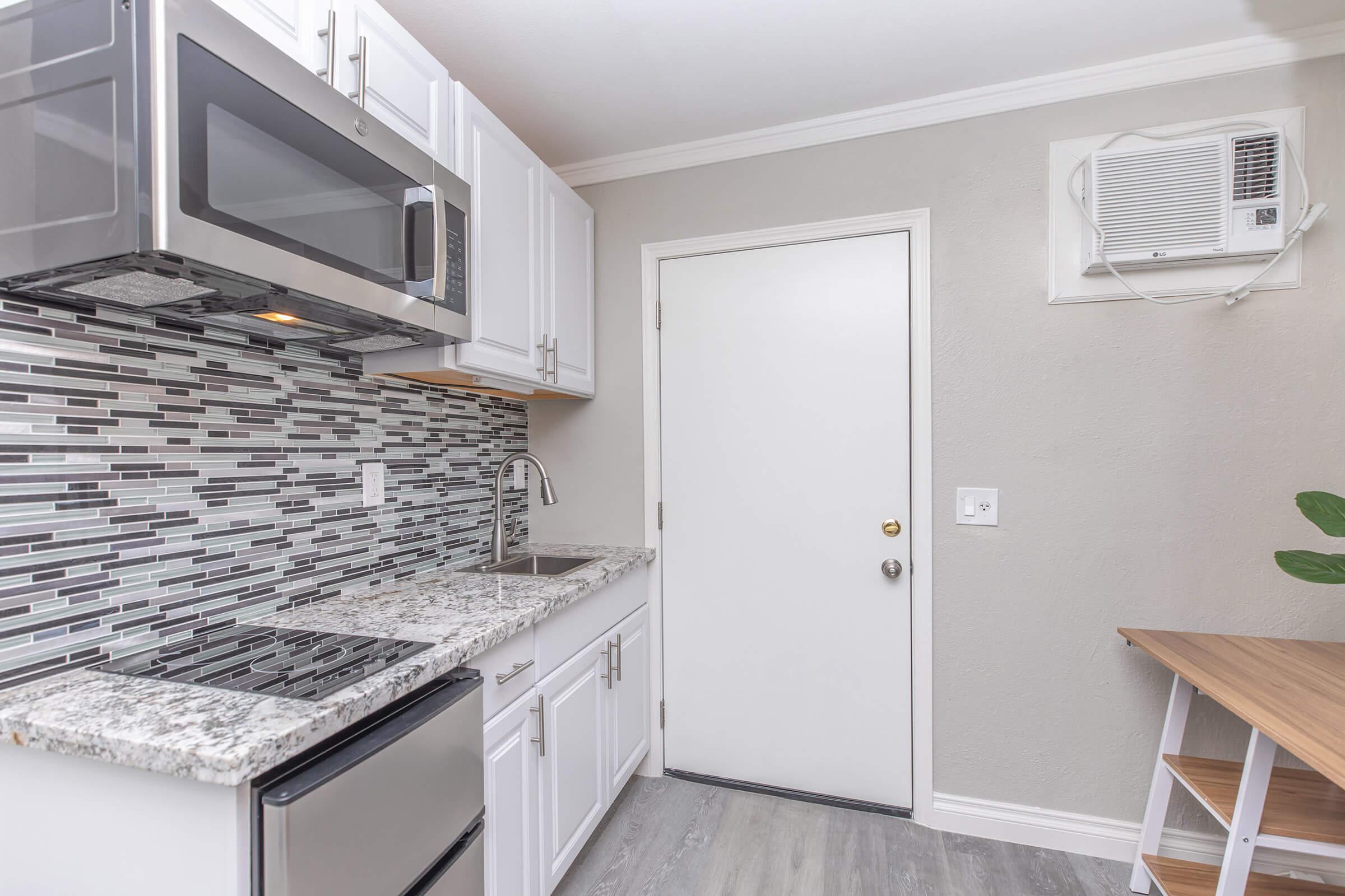 Kitchen with black and white backsplash