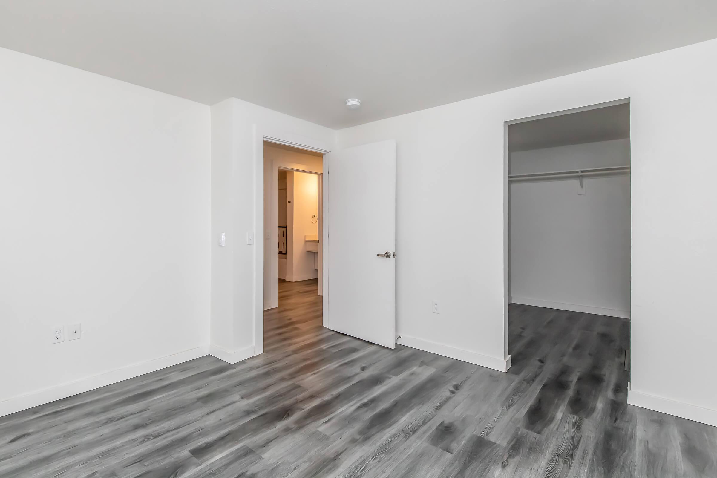 A spacious, empty room featuring light grey walls and dark wood-like flooring. A door on the left leads to a bathroom, while a closet is visible on the right. The room has a bright and minimalistic design, with ample natural light.