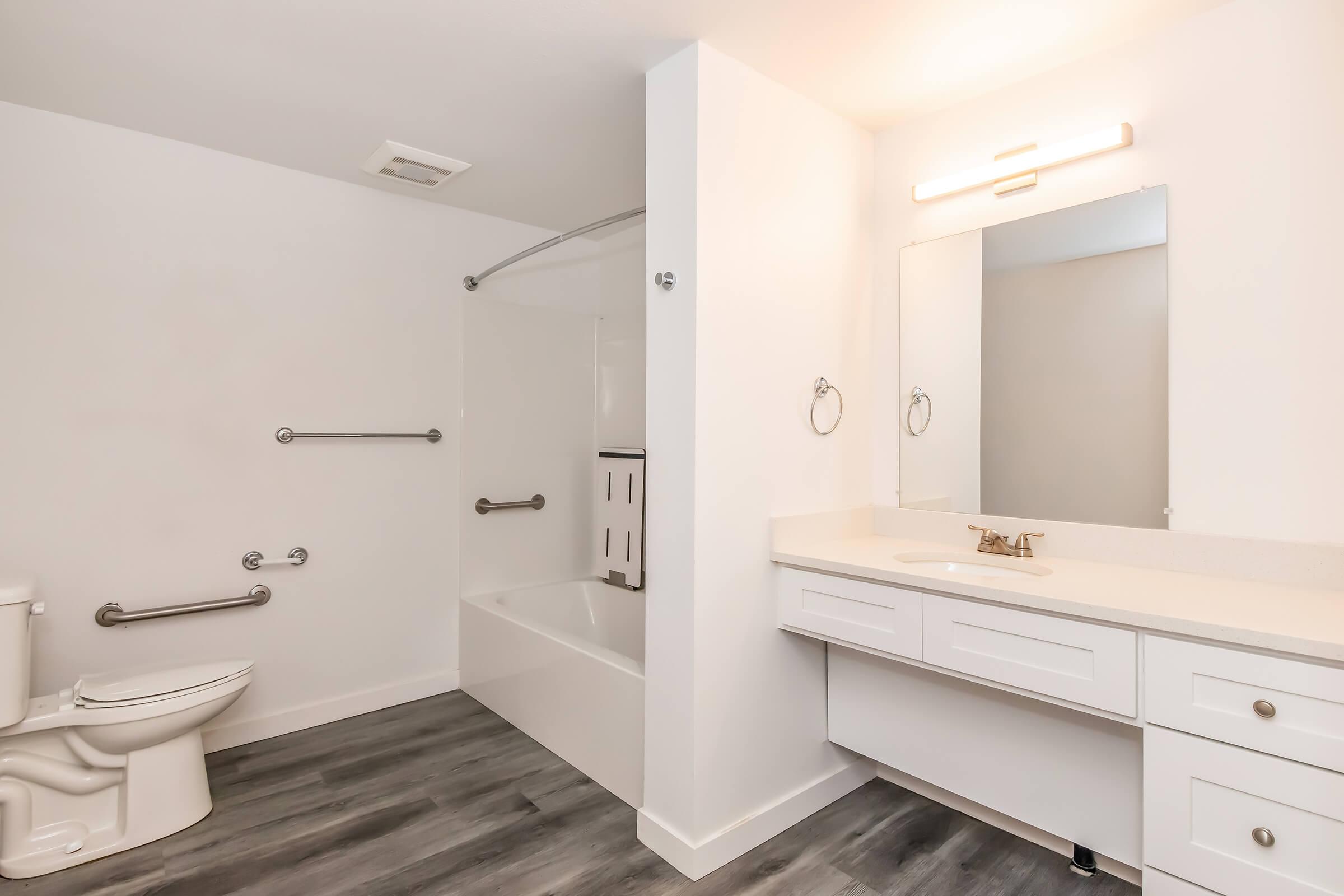 A modern bathroom featuring a bathtub with a shower, a toilet, a double vanity with a sink, and grab bars for accessibility. The walls are painted white, and the flooring is a light wood-like material. The space is well-lit with a large mirror and overhead lighting.