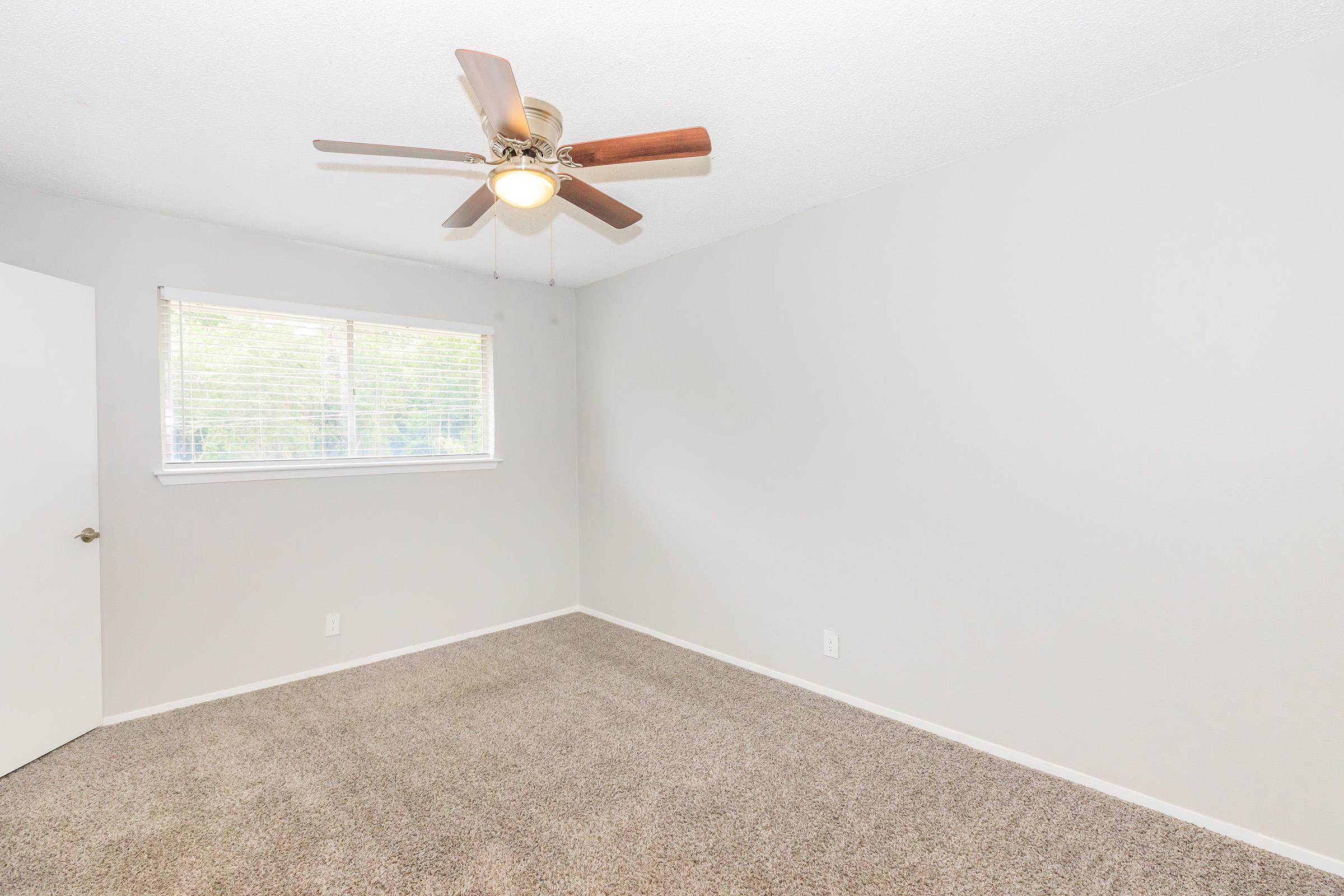 A spacious, empty room featuring light gray walls and plush carpet. A ceiling fan with wooden blades hangs from the ceiling. Natural light streams in through a window with blinds, illuminating the room. A white door is visible on the left side, enhancing the bright, airy feel of the space.