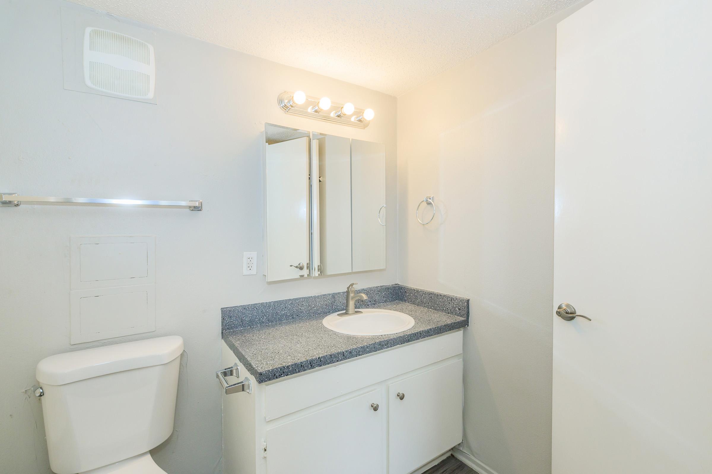 A clean, simple bathroom featuring a white toilet, a mirror above a granite countertop with a sink, a towel rack, and a door. The walls are painted light gray, and there's a shower area visible in the reflection. Soft lighting illuminates the space.