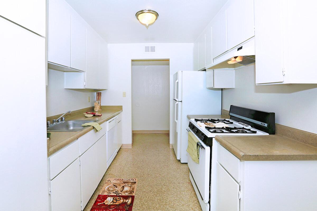 Bright, clean kitchen featuring white cabinetry, a countertop, and modern appliances. Includes a sink, a gas stove, and a refrigerator. A decorative rug adds color to the room. The space is well-lit with overhead lighting and has a simple, functional layout, ideal for cooking and meal preparation.