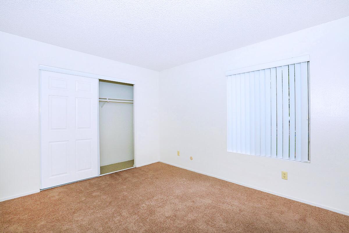 Empty room with light-colored walls and carpeted floor. There is a closet with white sliding doors on the left side and a window with vertical blinds on the right side. The room appears bright and spacious, providing a blank canvas for furniture and decoration.