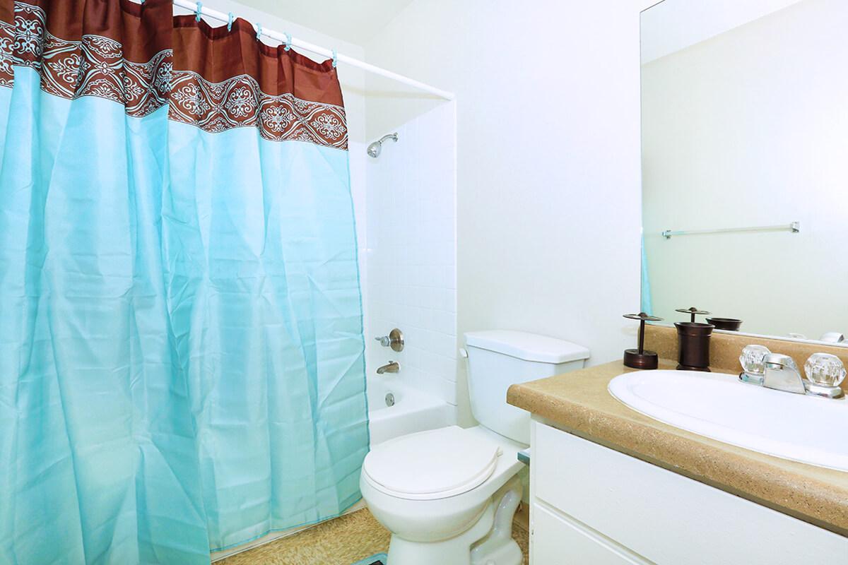 A clean bathroom featuring a light blue shower curtain with a decorative brown pattern, a white toilet, and a sink with a countertop. The shower area is partially visible, and there is a mirror above the sink. The overall decor is simple and bright.