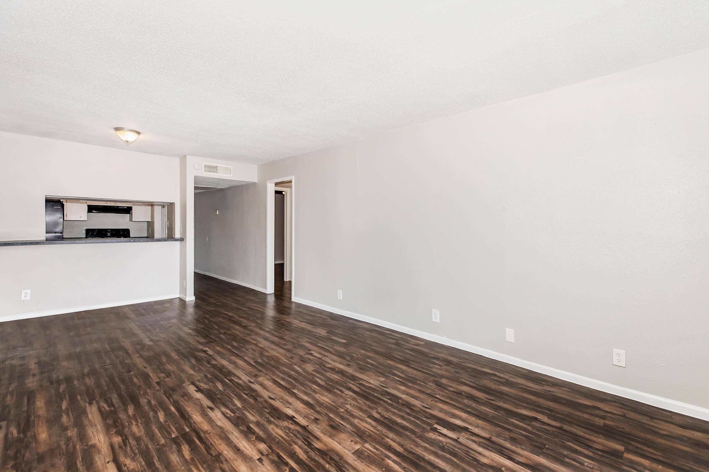 Spacious, light-filled living area featuring wood-style flooring, neutral-colored walls, and a dedicated kitchen space in the background. The open layout provides a sense of roominess, with an area ready for furniture setup.