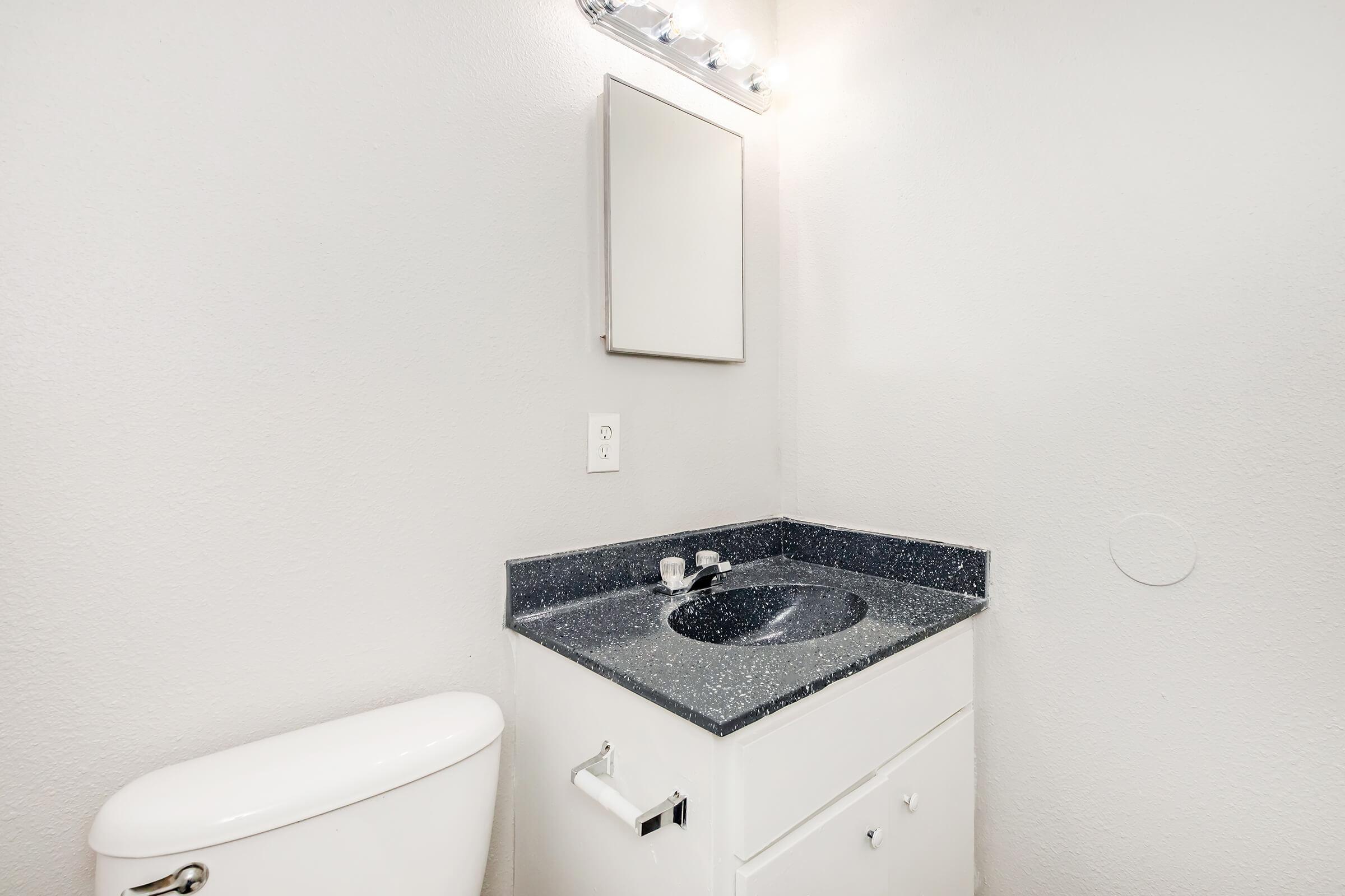 A clean, minimalist bathroom featuring a white toilet, a dark countertop with a sink, and a wall-mounted mirror. The walls are painted a light color, and there is bright overhead lighting above the mirror, creating a simple and modern aesthetic.