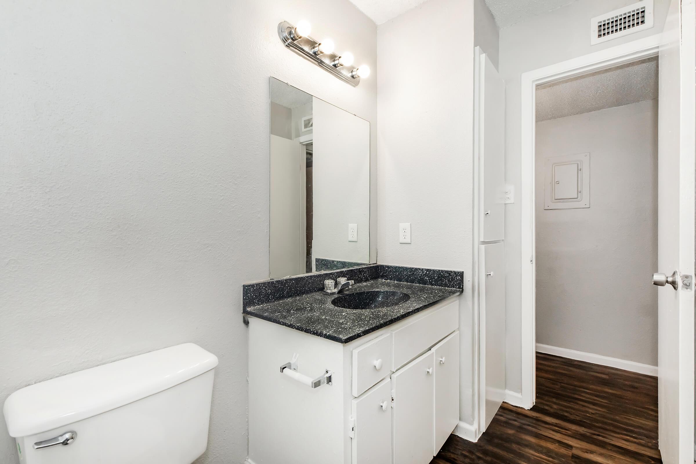 A clean, modern bathroom featuring a white toilet, a dark granite countertop with a sink, a large mirror above the sink, and a bright light fixture. Light gray walls and dark flooring create a contemporary look. A doorway leads to another area, possibly a hallway or additional room.