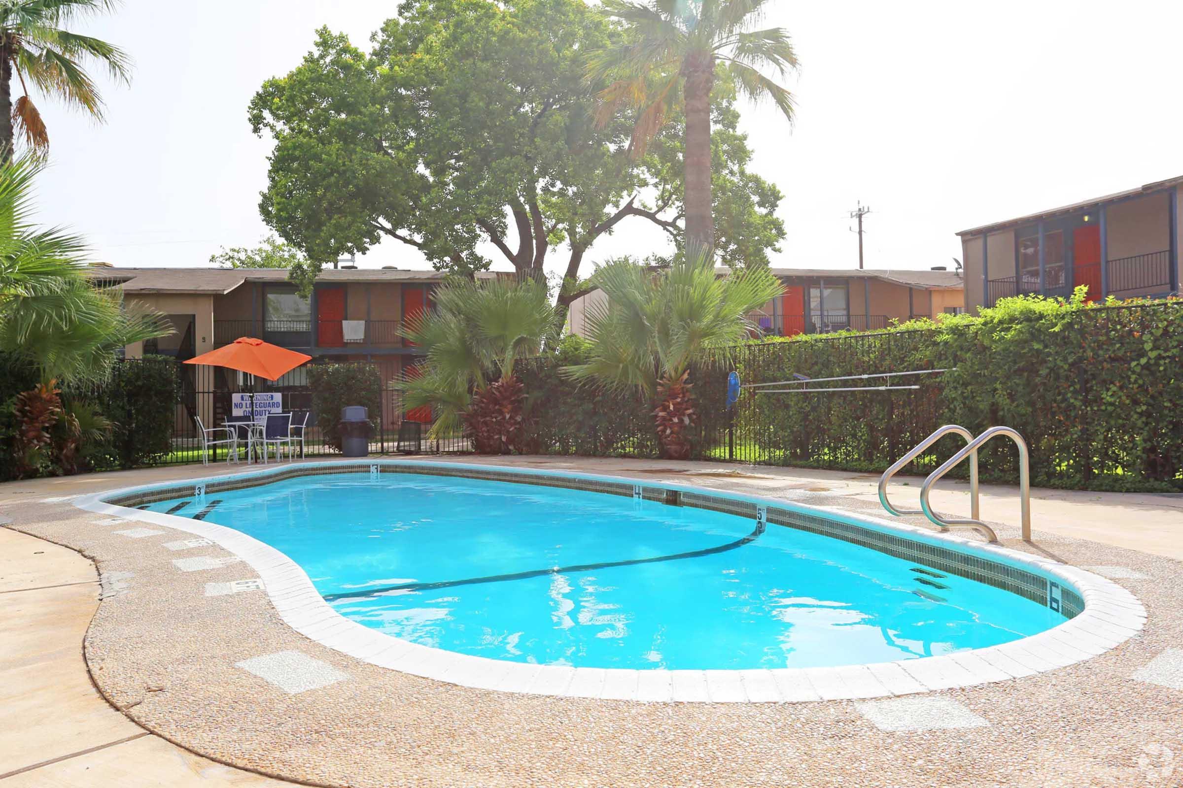 A sparkling blue swimming pool surrounded by lush greenery and palm trees. An orange umbrella provides shade near the pool, and two lounge chairs are set up nearby. The pool area is located in a residential setting, with apartment buildings visible in the background.