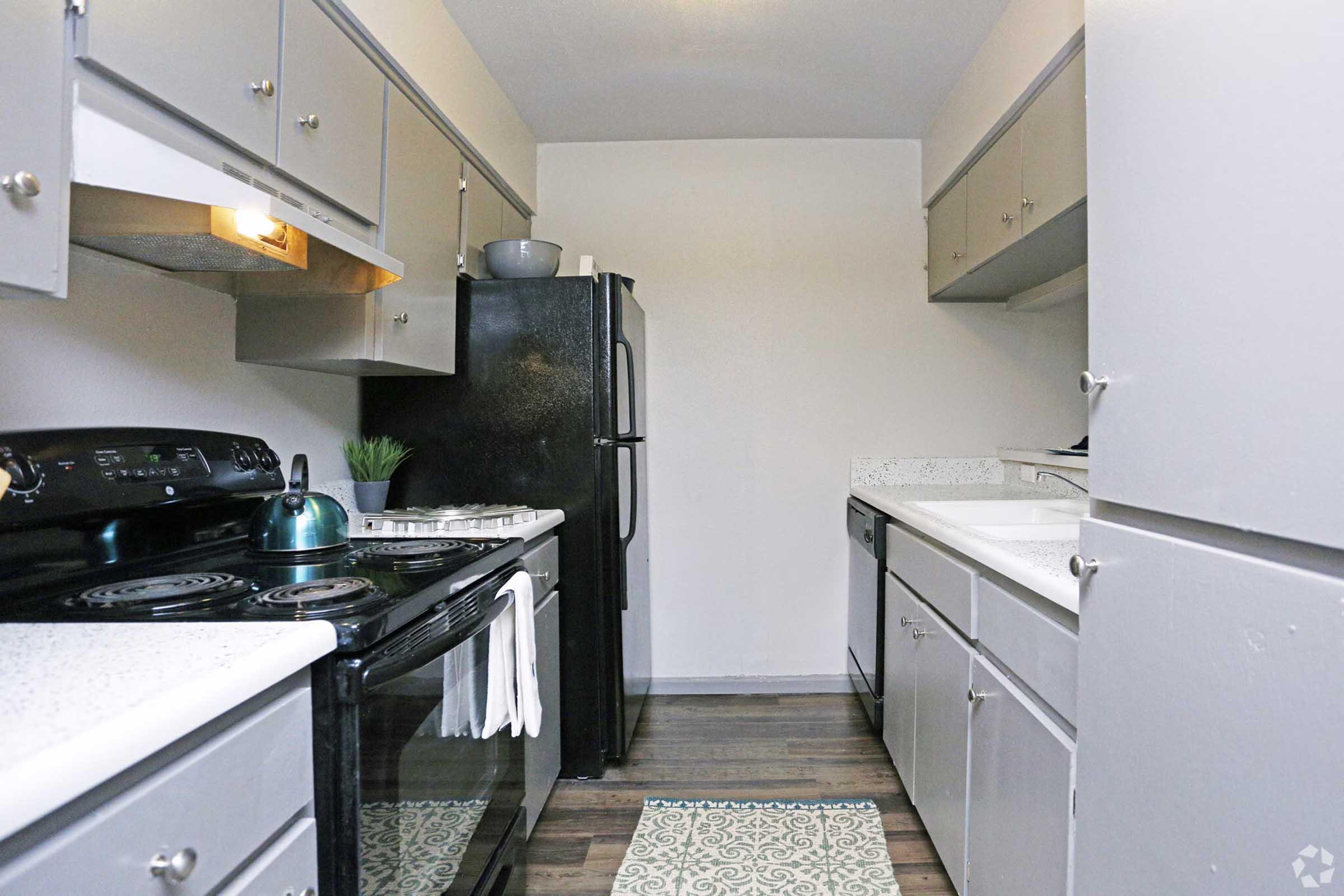 A modern kitchen featuring grey cabinets, a black refrigerator, and a black stove. The countertop is white with a subtle speckle pattern, and there's a small plant on the counter. A dish rack is visible next to the sink, and a decorative rug is on the floor. The walls are neutral-colored, creating a bright atmosphere.