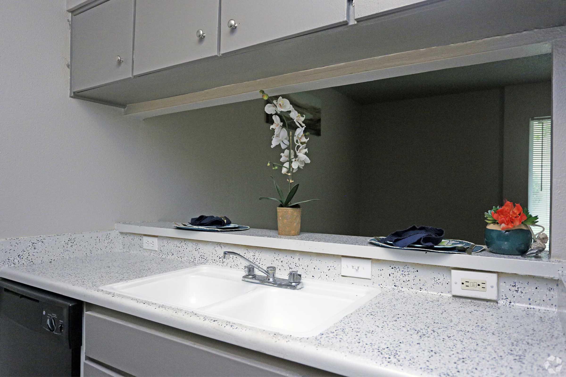 A modern kitchen with a speckled countertop, featuring a double sink. Above, there are cabinets and a decorative plant with white orchids. The backsplash includes a mirror, reflecting a bright, clean space. Two blue plates are set on the countertop, accompanied by a small red flower arrangement.