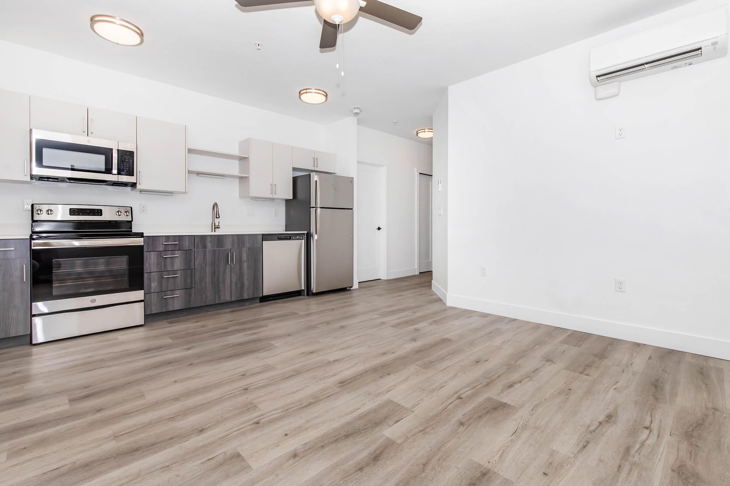 Modern kitchen and living area featuring stainless steel appliances, including a microwave and oven, gray cabinetry, and a light wooden floor. A ceiling fan is visible, and there is a door leading to another room. The space is well-lit and has a clean, minimalist design.