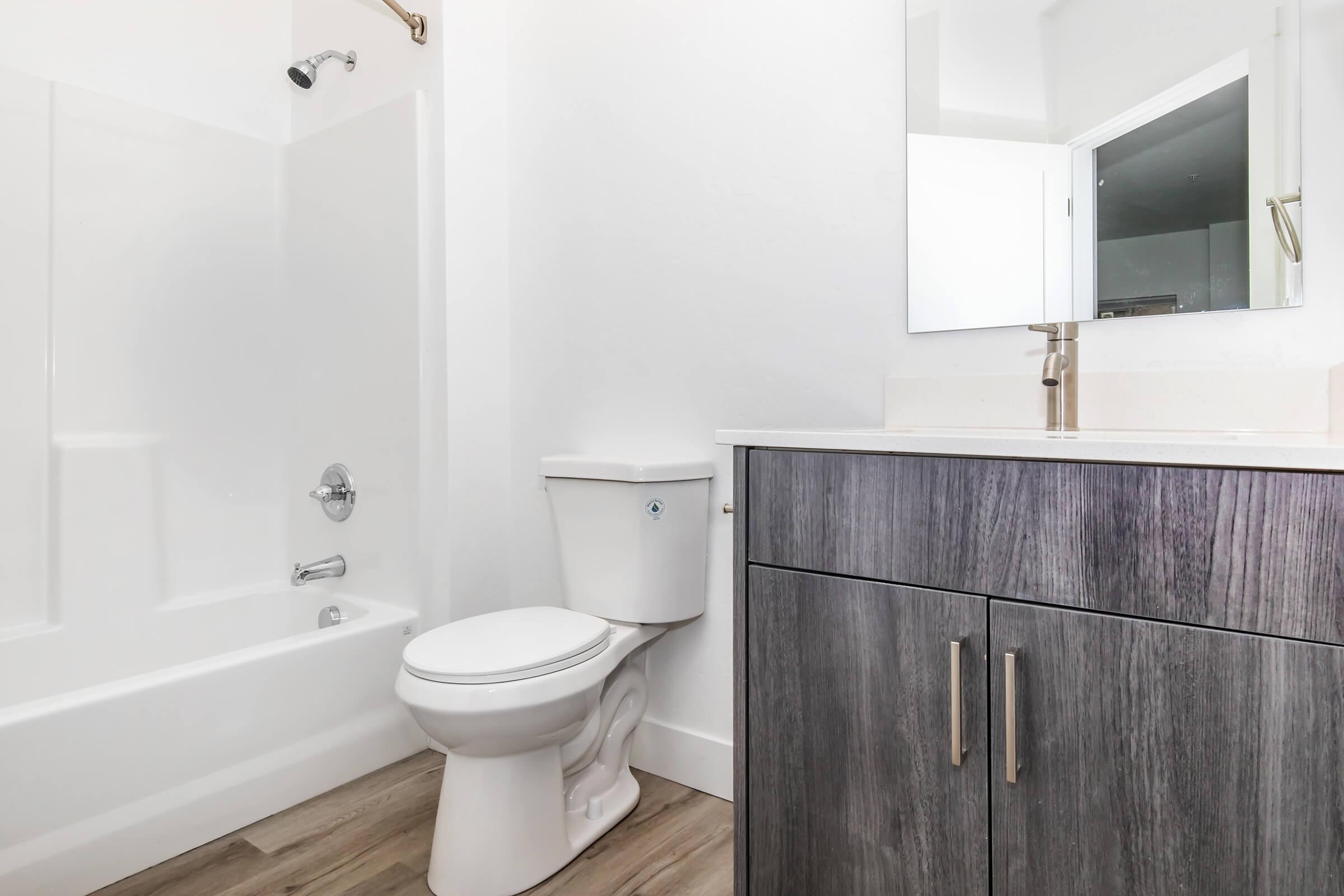 A modern bathroom featuring a white shower and bathtub combo, a toilet, and a sink with a wooden cabinet. A large mirror is mounted above the sink, with neutral-colored walls and light wooden flooring, creating a clean and contemporary look.