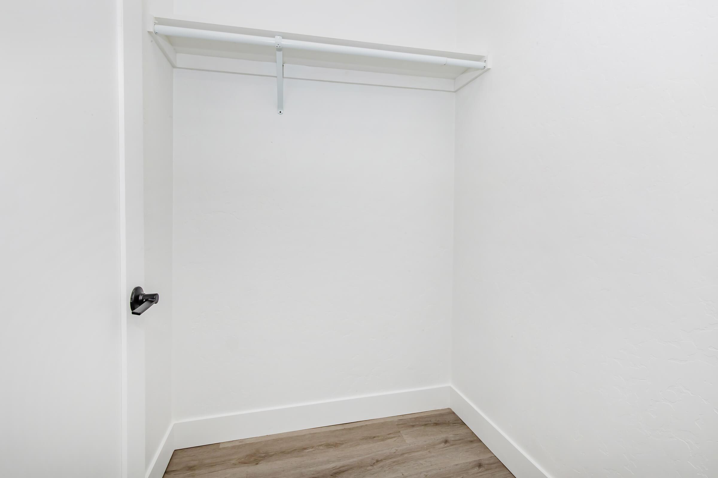 Empty closet with a single hanging rod and no shelves, featuring a white interior and light wood flooring. A black door handle is visible on the door. The walls and ceiling are also white, creating a bright and minimalistic appearance.