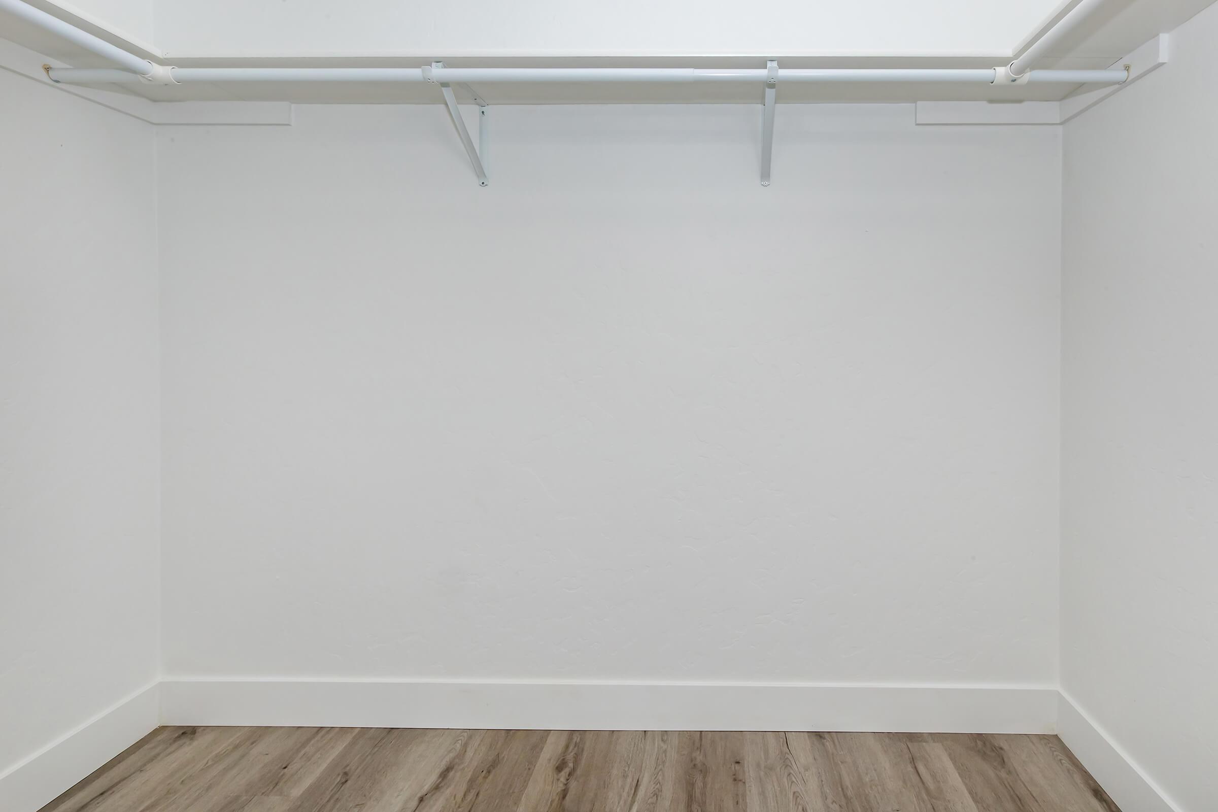 A spacious, empty closet with two hanging rods and clean white walls. The floor features light-colored wood grain, highlighting the uncluttered and open space. Ideal for storage or organization purposes.