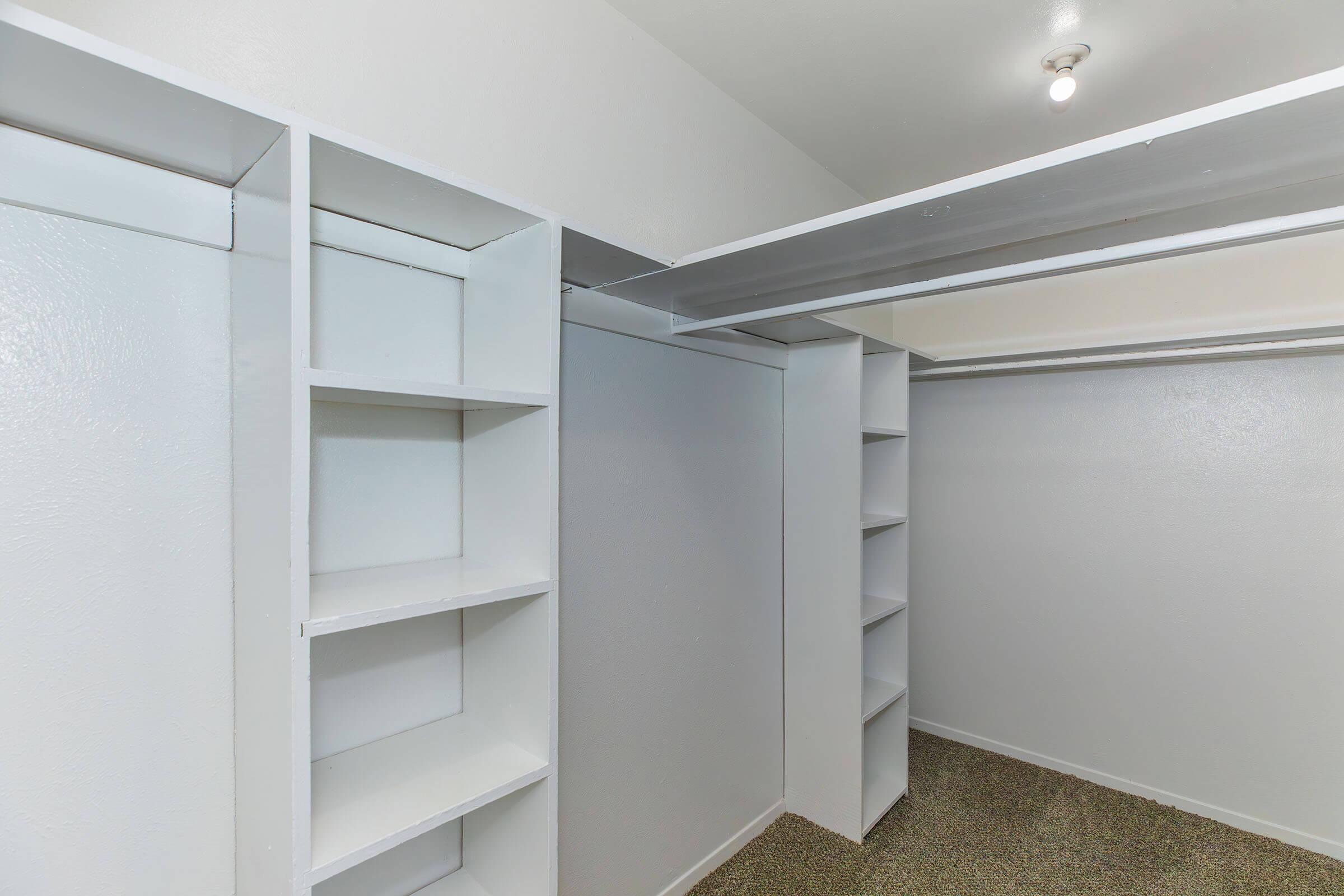 Empty walk-in closet with white shelves on both sides, pale gray walls, and a carpeted floor. The ceiling has a single light fixture providing overhead illumination.