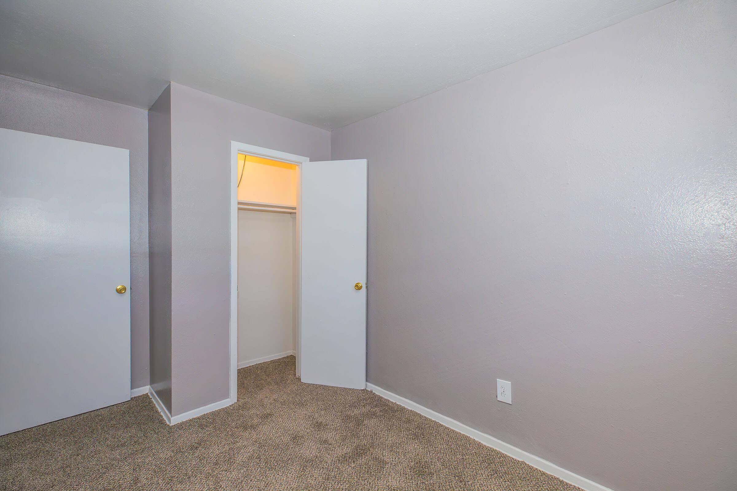 A room with light gray walls and beige carpet. There are two white doors; one leads to a closet with an open door showing light, and the other is a standard door. The room has a simple, clean design without furniture or decorations.