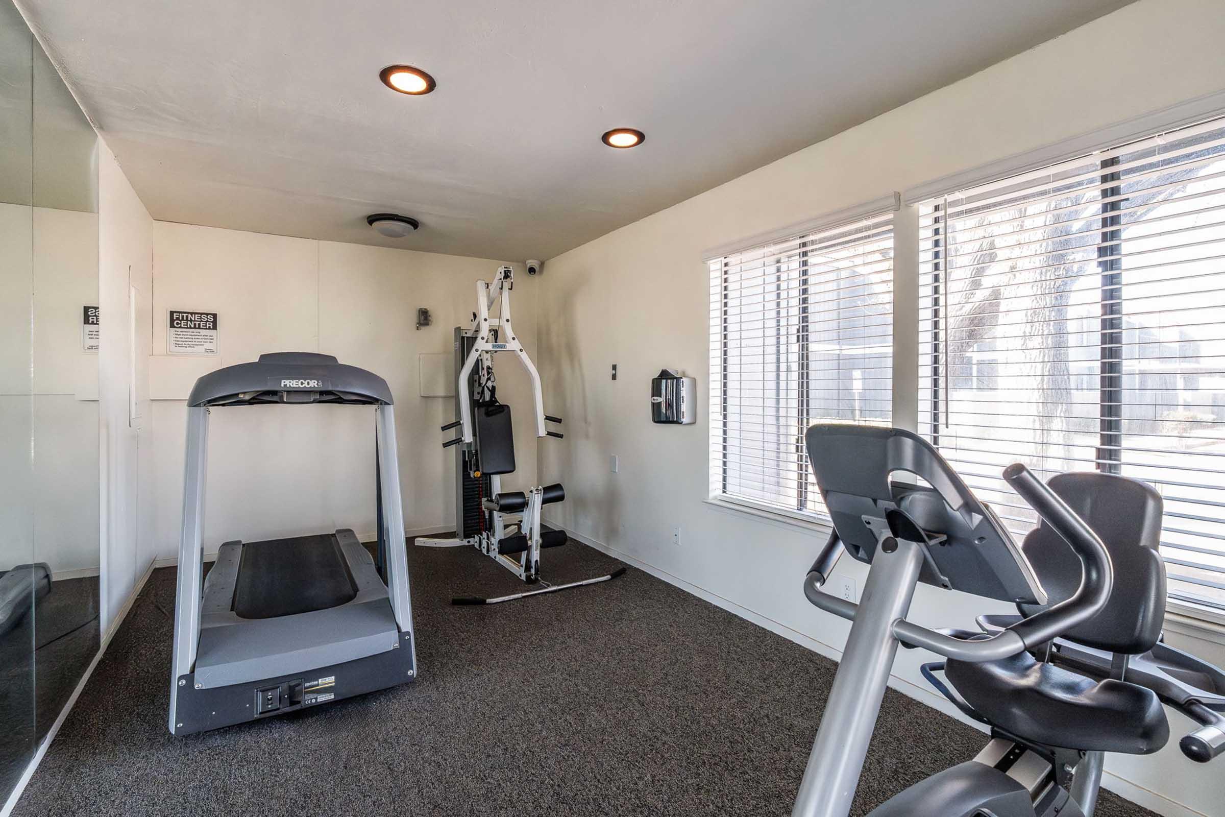 A fitness room featuring a treadmill, elliptical machine, and a weight training station. There are large windows allowing natural light, and the walls are painted white. The flooring is carpeted, and the room is equipped with overhead lighting for visibility.
