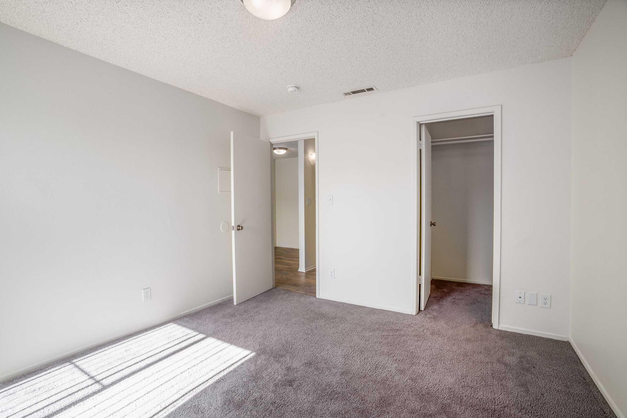 A well-lit, empty room with light gray walls and a plush carpet. There's a door on the left leading to another space, and a closet visible on the right. Sunlight casts shadows on the floor, enhancing the spacious feel of the area. No furniture is present, creating a blank canvas for decoration.