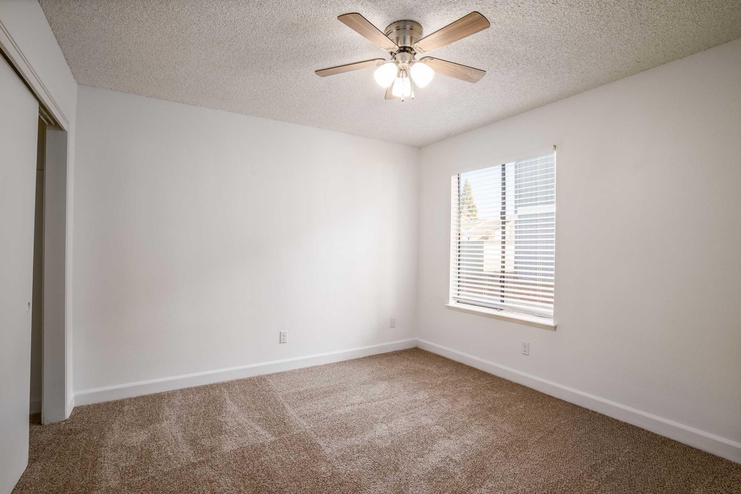 A bright, empty bedroom featuring a ceiling fan with five lights, beige carpet flooring, and a window with white blinds allowing natural light. The walls are painted white, and there is a closet visible to the left.
