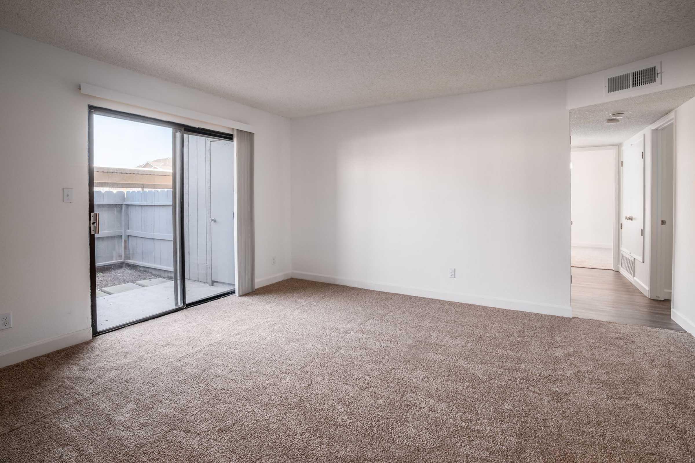 Empty room with light beige carpet and white walls. A glass sliding door leads to an outdoor space, while another area opens to a hallway. Soft natural light brightens the room, creating a spacious and clean appearance.