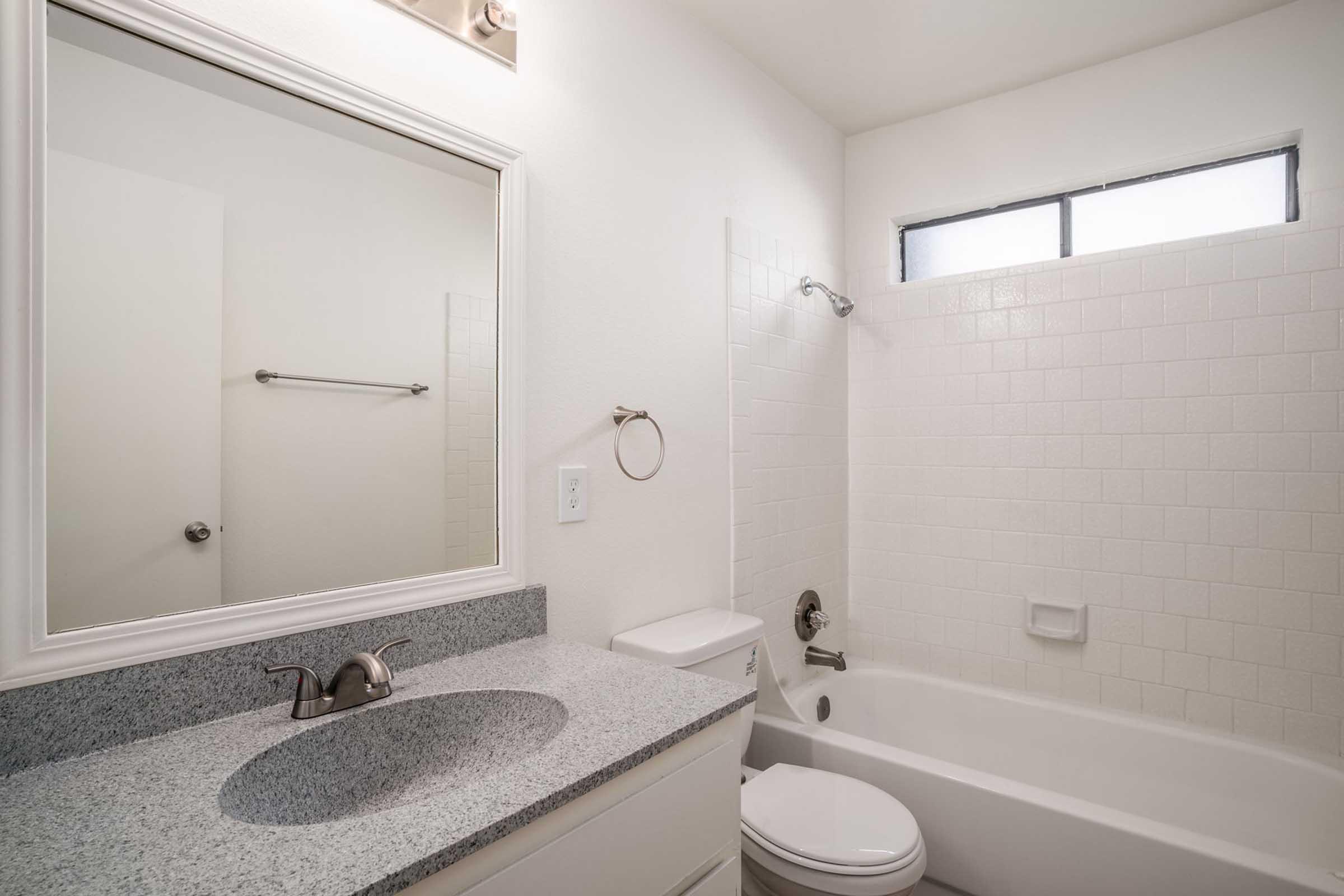 A clean, modern bathroom featuring a white bathtub, shower with tiled walls, a countertop with a sink, and a mirror above. Natural light enters through a small window, and there is a towel rack on the wall. The color scheme is neutral with light walls and a gray countertop.