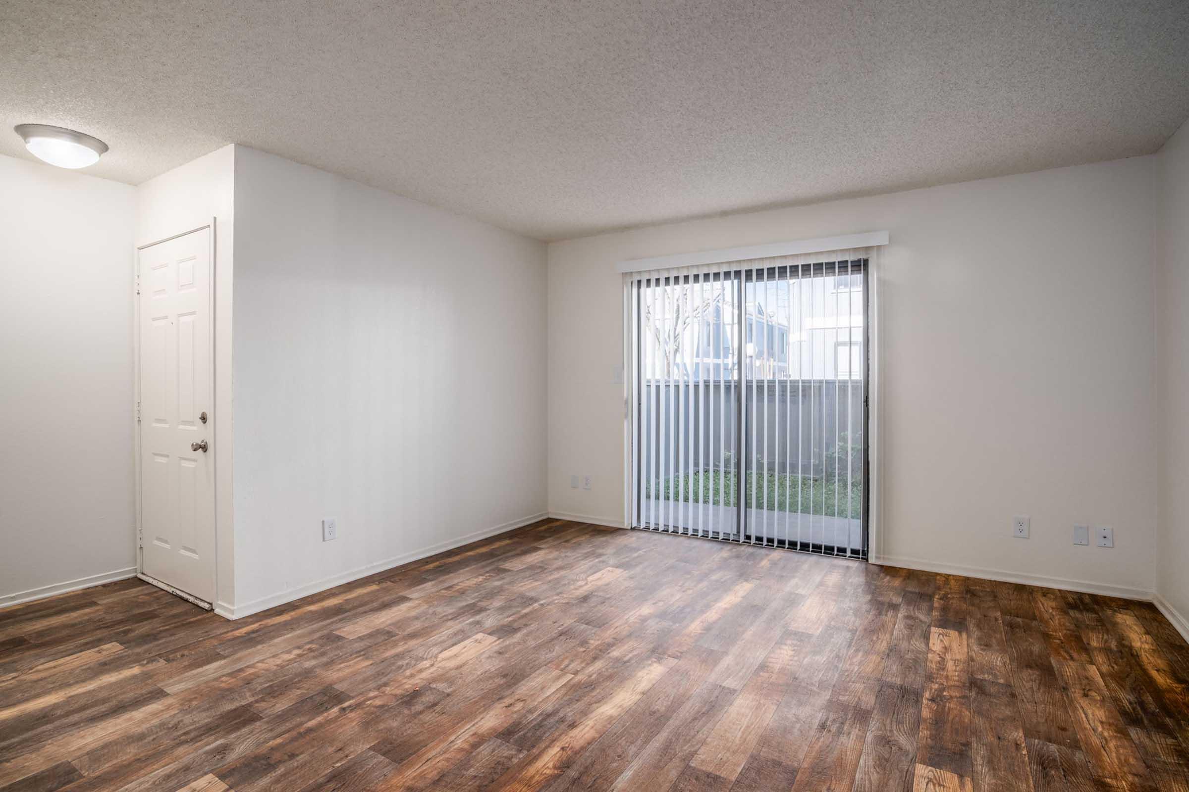 An empty room with light-colored walls, a ceiling light fixture, and wooden flooring. A sliding glass door with vertical blinds leads to a small outdoor space. The door on the left appears to be the entryway to the room. There is minimal furniture or decor present.