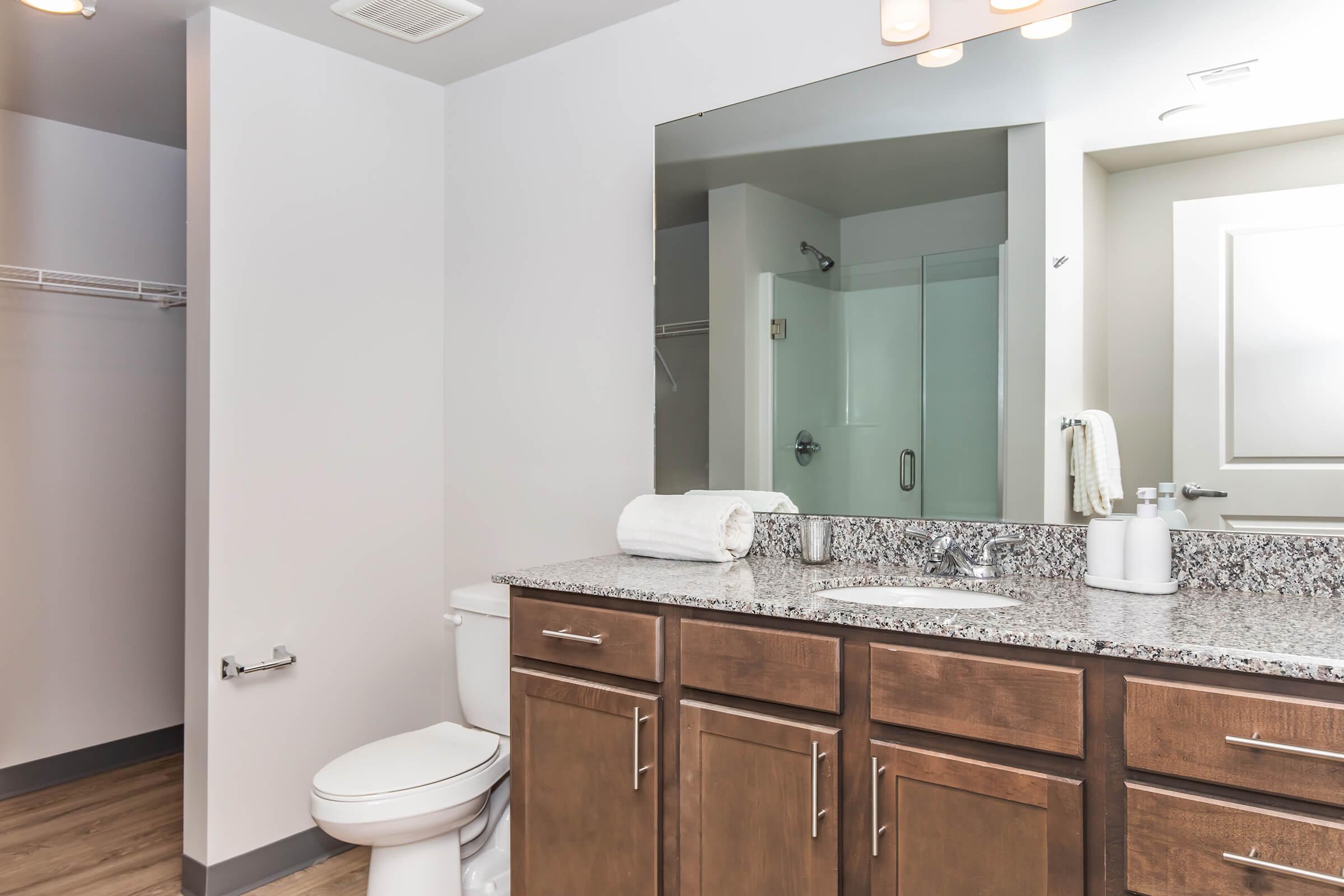A modern bathroom featuring a granite countertop with a sink, a toilet, and a large mirror. The space includes a glass shower enclosure and a neatly organized towel rack. A closet area is visible in the background, with light-colored walls and wooden flooring, creating a clean and inviting atmosphere.