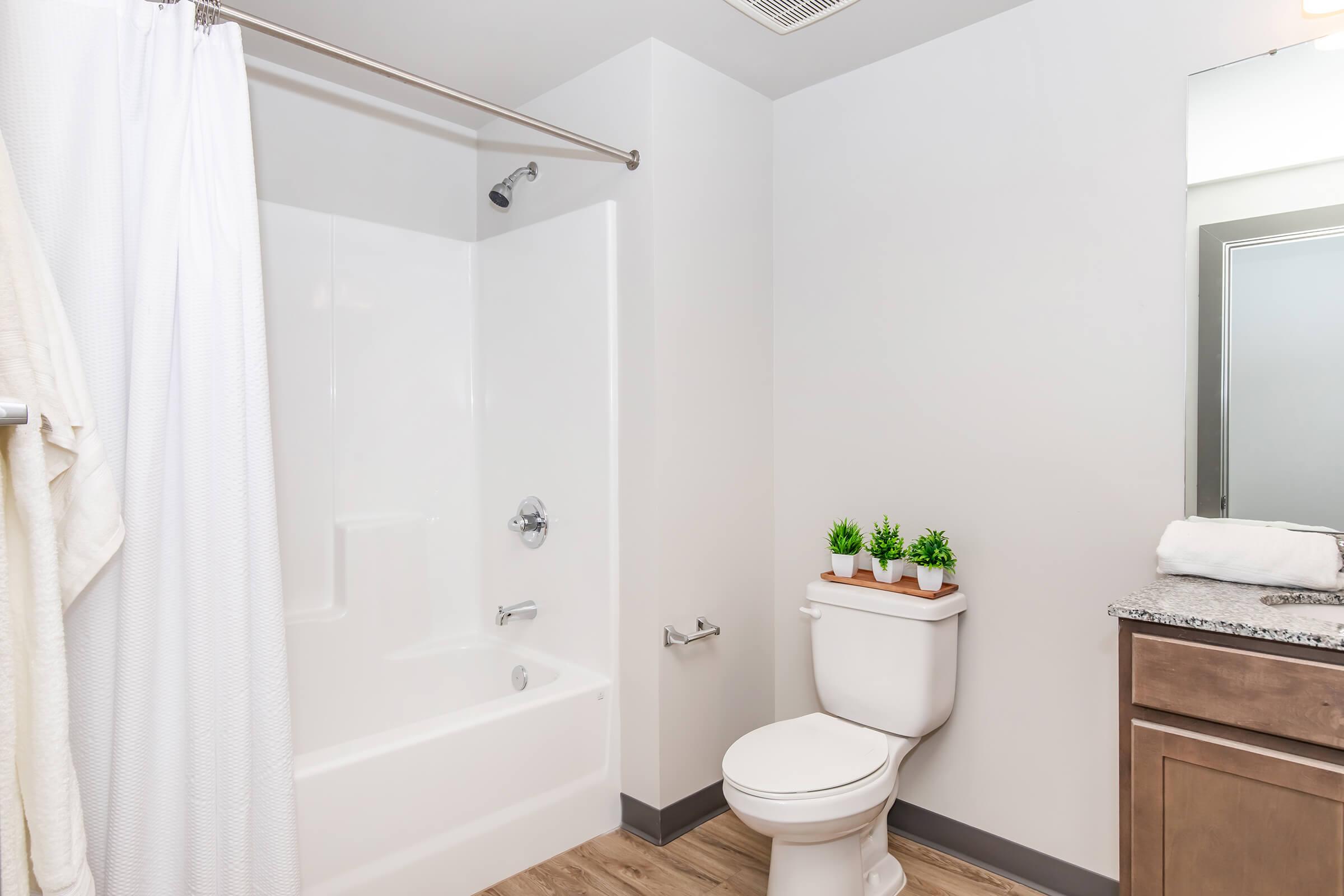 A clean and modern bathroom featuring a bathtub with a shower curtain, a toilet, a sink with a granite countertop, and small potted plants on the counter. The walls are painted in a neutral tone, and the flooring is light wood. Soft towels hang nearby, adding to the fresh ambiance.
