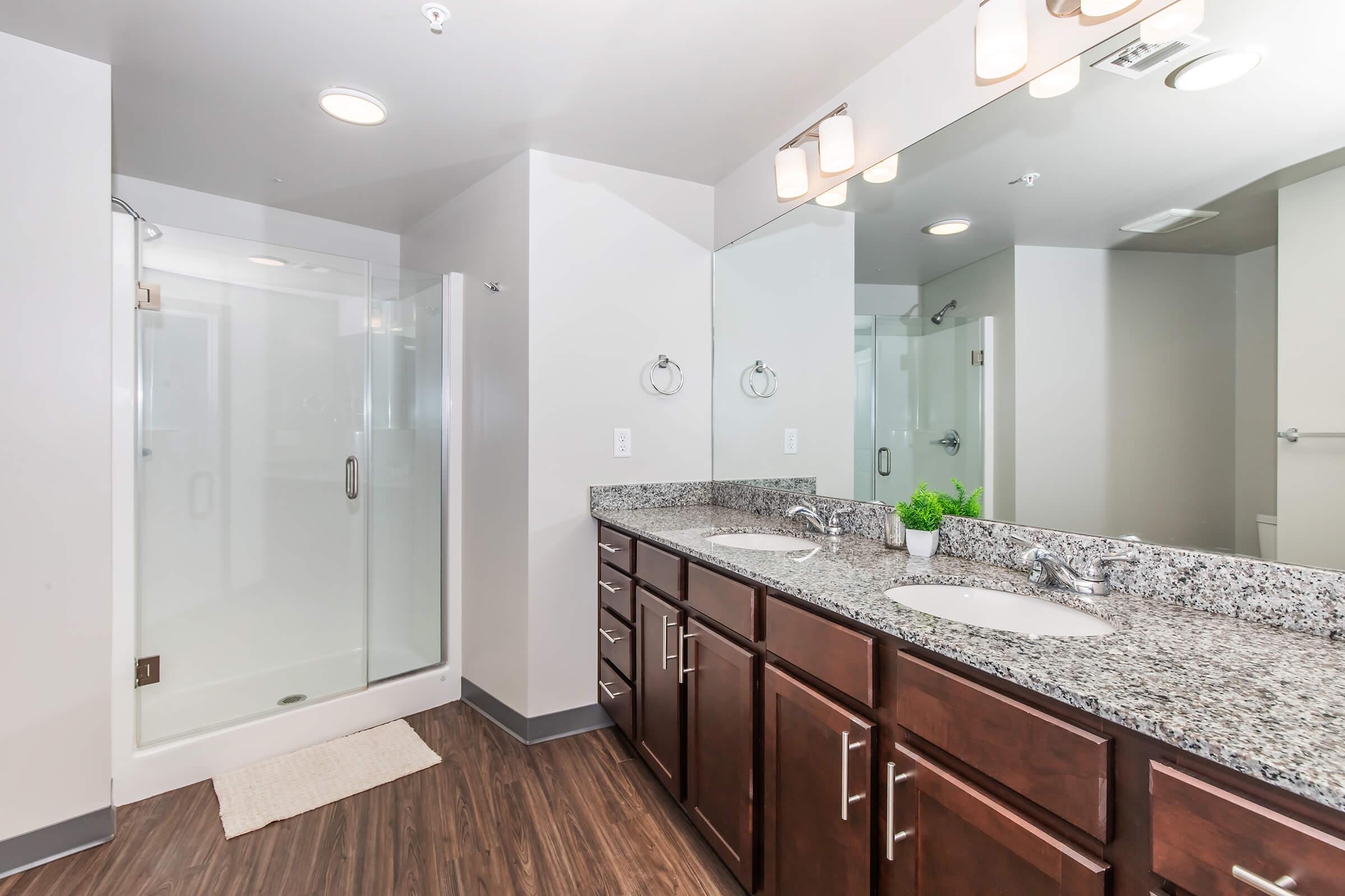 A modern bathroom featuring dual sinks with dark wood cabinets, a large mirror, and a glass-enclosed shower. The countertop is made of granite, and there is a small green plant on the counter. The flooring is a wood-like laminate, giving the space a contemporary look.