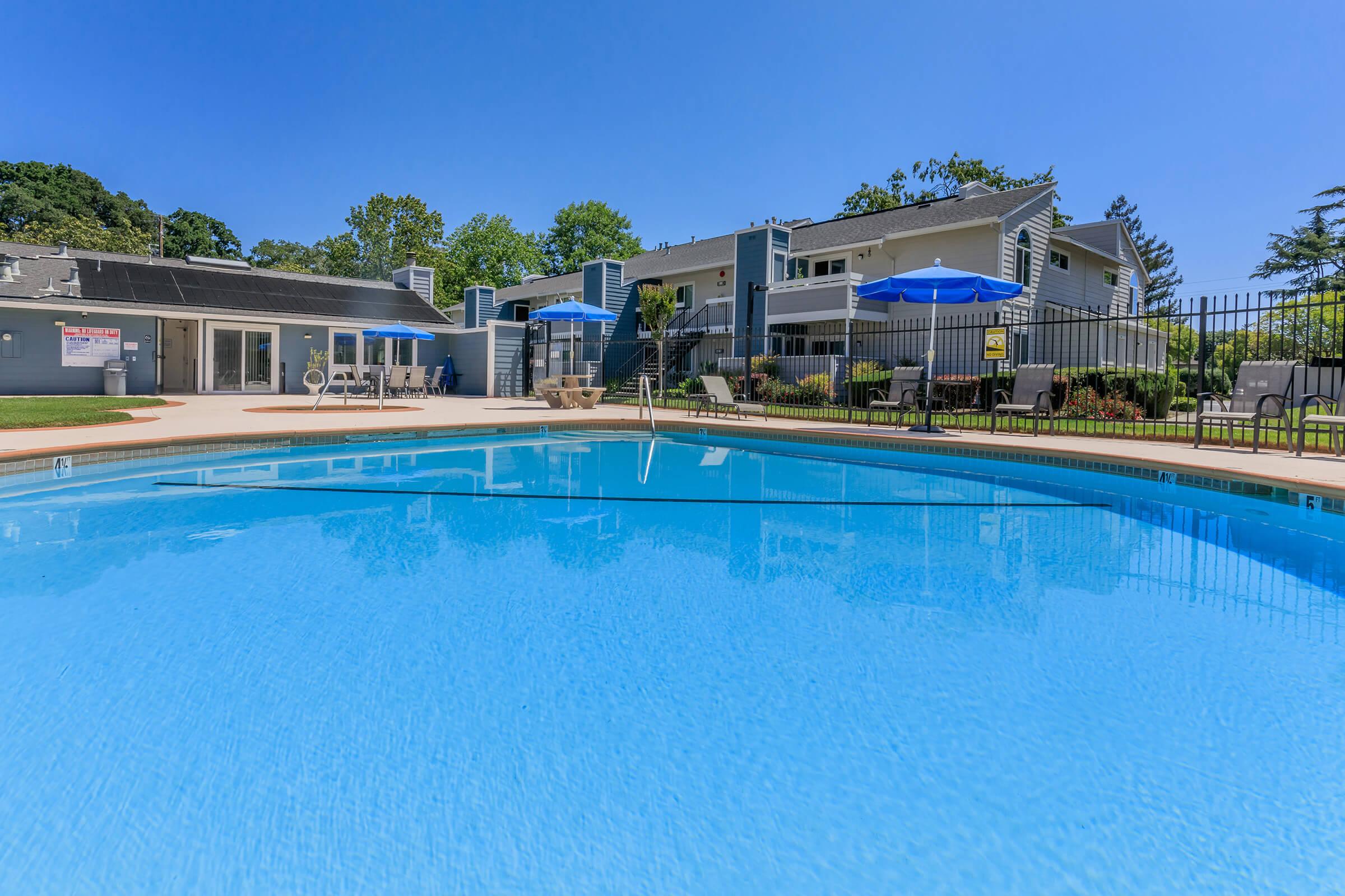A clear blue swimming pool with lounge chairs and umbrellas around it. In the background, a multi-story building surrounded by greenery is visible. The sky is bright and sunny, creating a vibrant and inviting atmosphere.