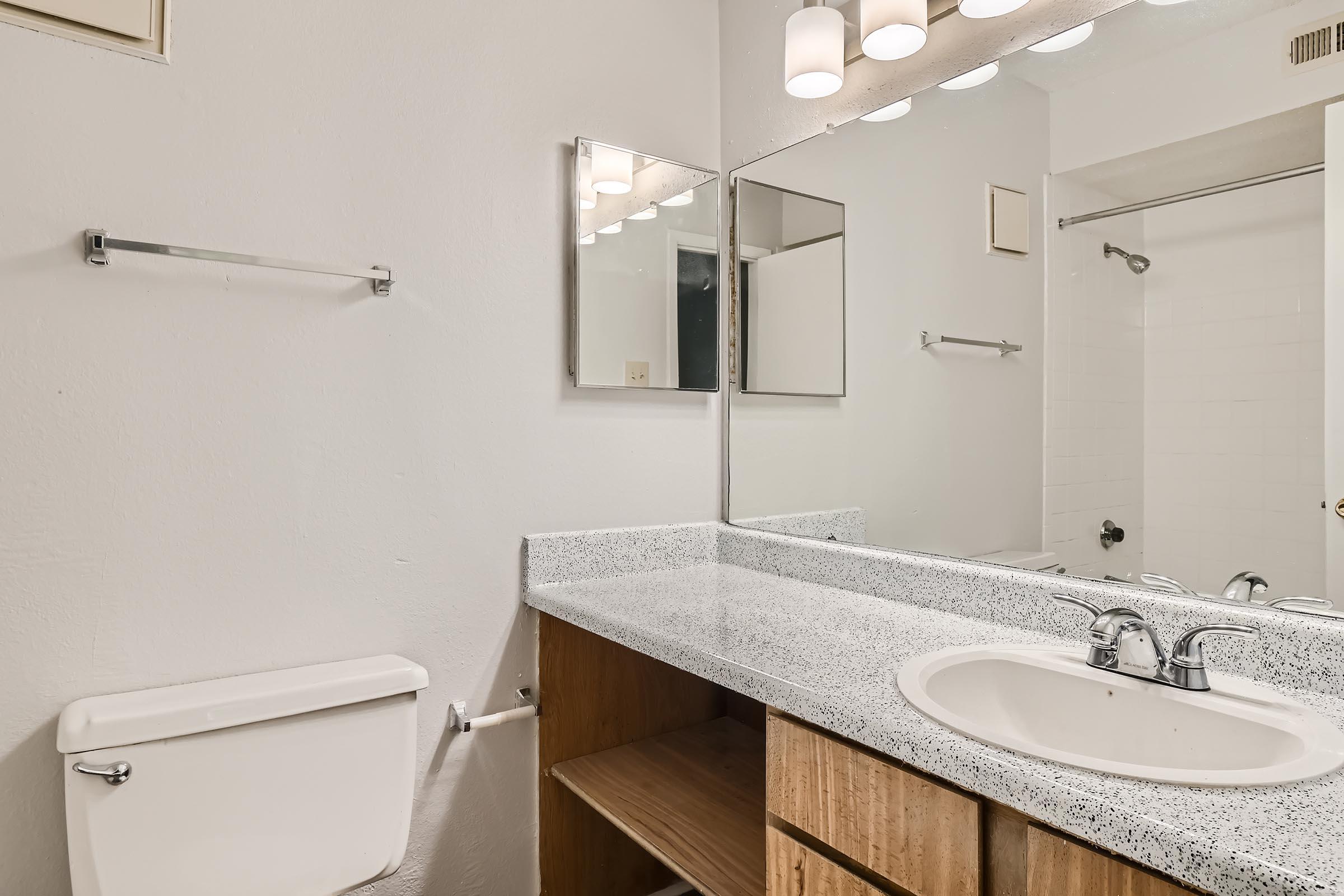 An apartment bathroom with a large vanity and mirror at Rise North Arlington.