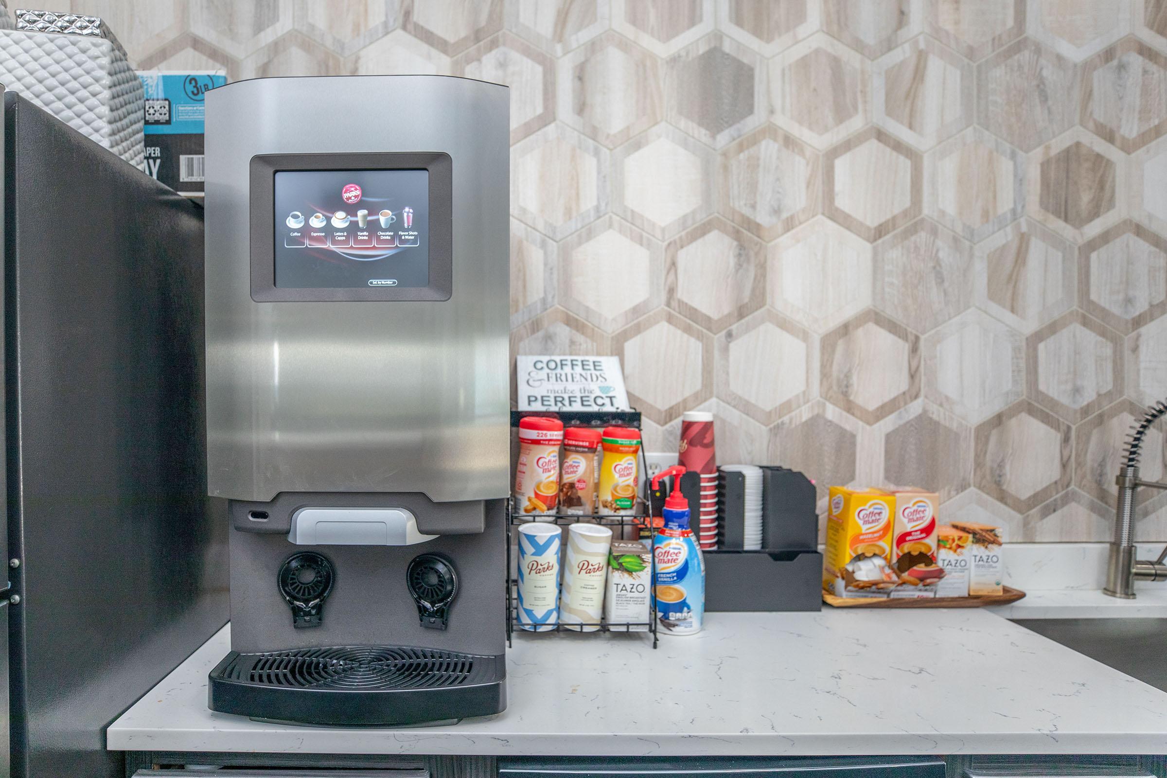 The coffee maker in the clubhouse at Rise North Arlington in Arlington, TX.