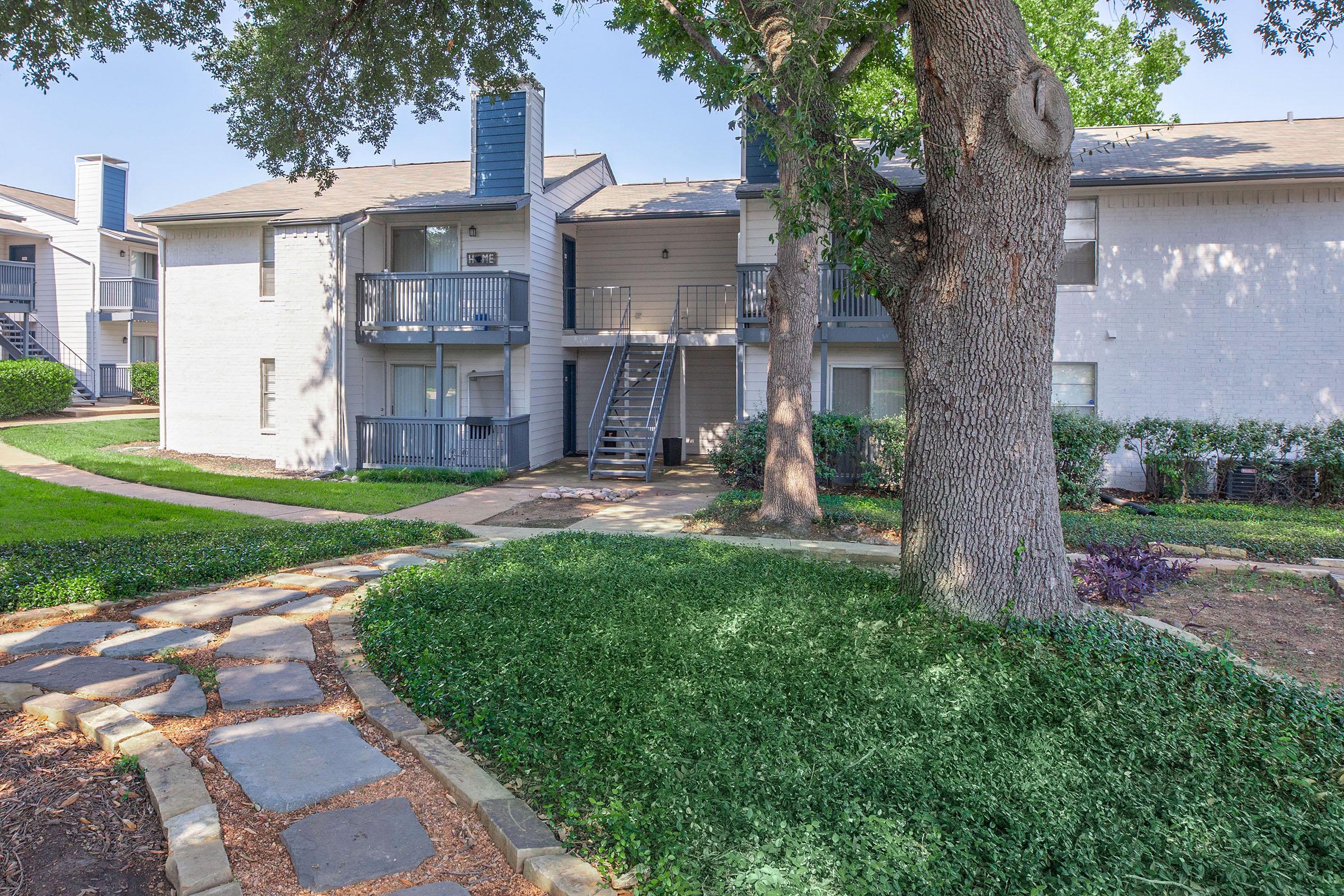The courtyard with landscaping and trees surrounded by the apartments at Rise North Arlington.