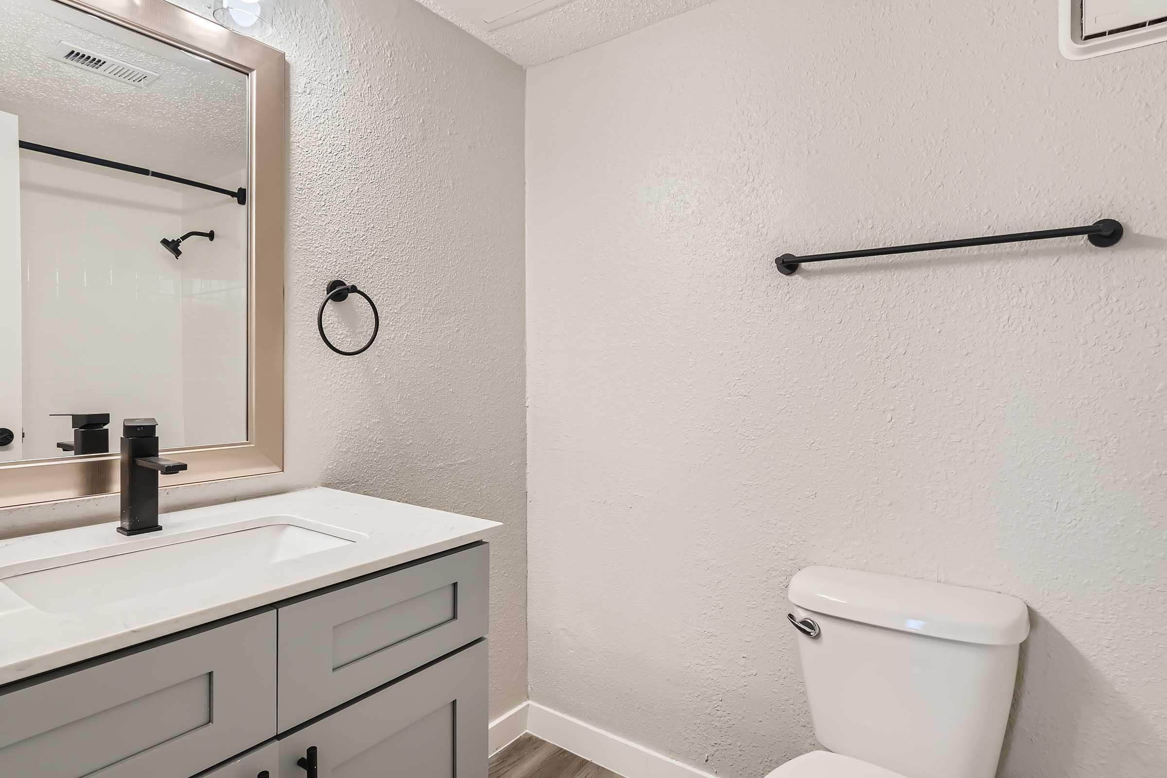 An apartment bathroom with a sink and mirror at Rise North Arlington.