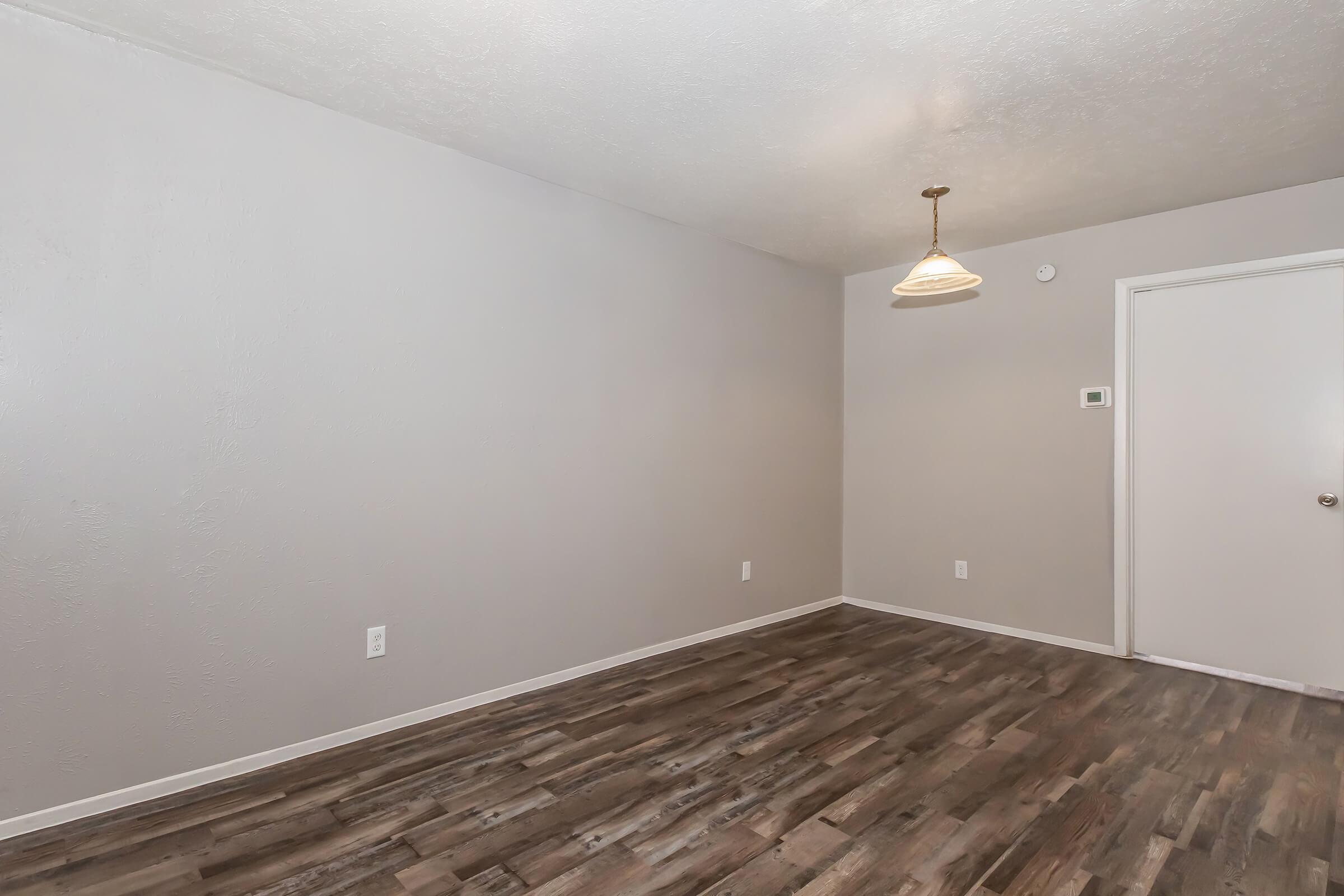 An empty room with light gray walls and a wooden floor. A small pendant light hangs from the ceiling, and there is a white door on the right side. The space is uncluttered, creating a bright and open atmosphere, suitable for various uses or decoration.