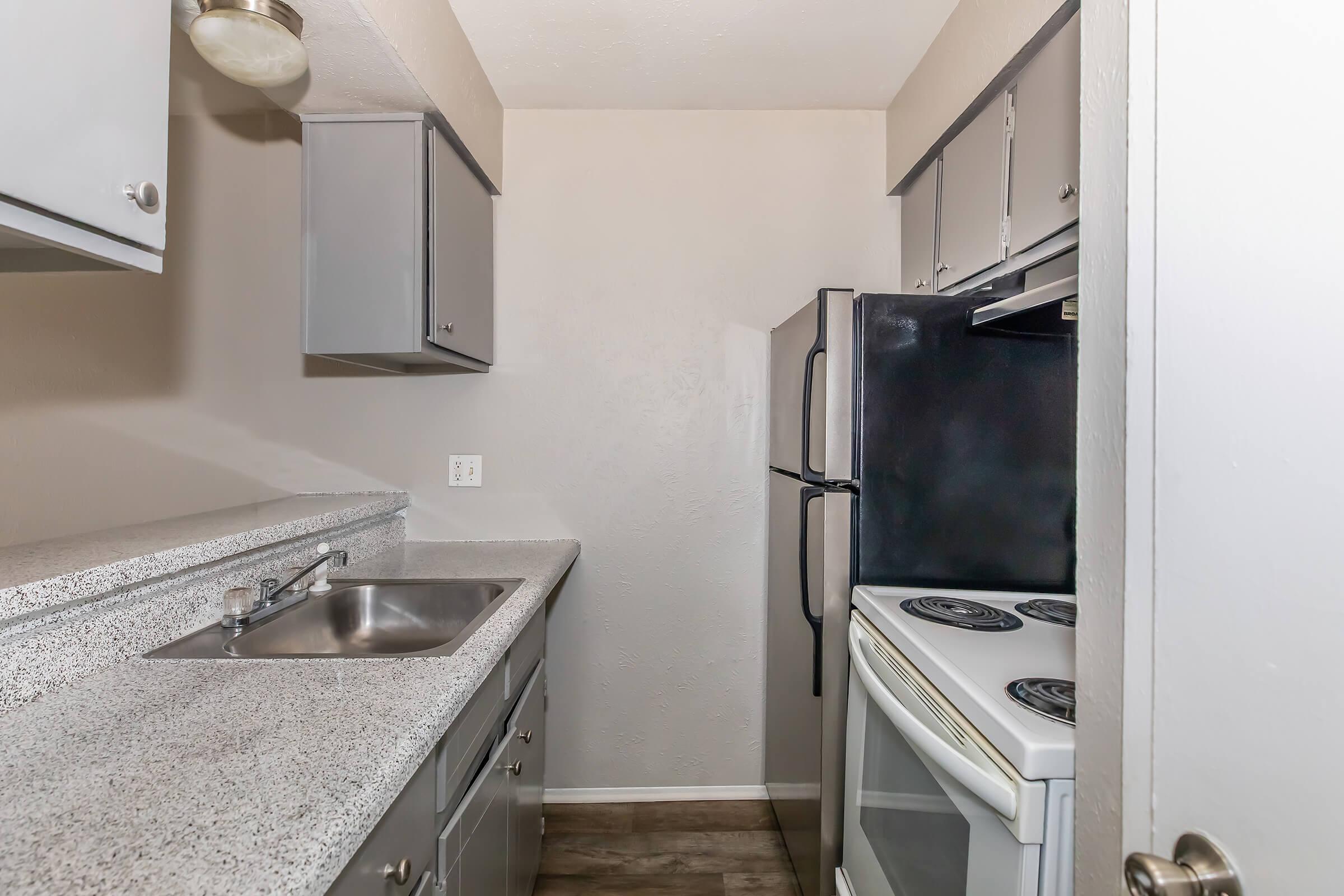 A modern kitchen featuring gray cabinetry, a stainless steel sink, a black refrigerator, and a white stove with an oven. The walls are painted in a light color, and the flooring is wood-like. The space is well-lit with a ceiling light fixture.