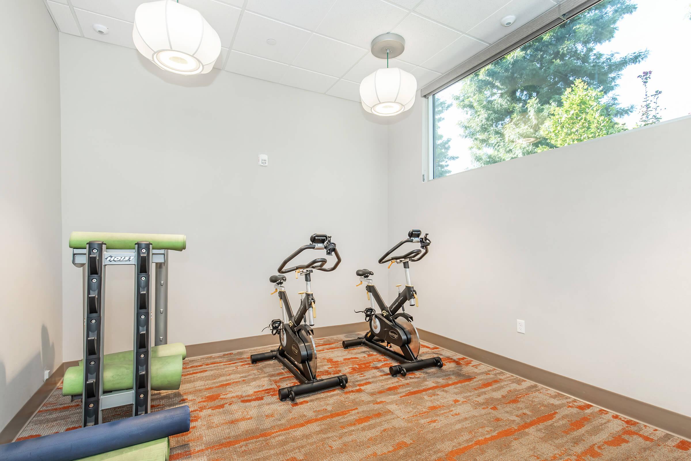A small indoor fitness room featuring two stationary bikes and a rack with exercise mats. The room has modern lighting fixtures and a large window with a view of greenery outside. The carpet has a patterned design in warm colors, creating an inviting atmosphere for workouts.