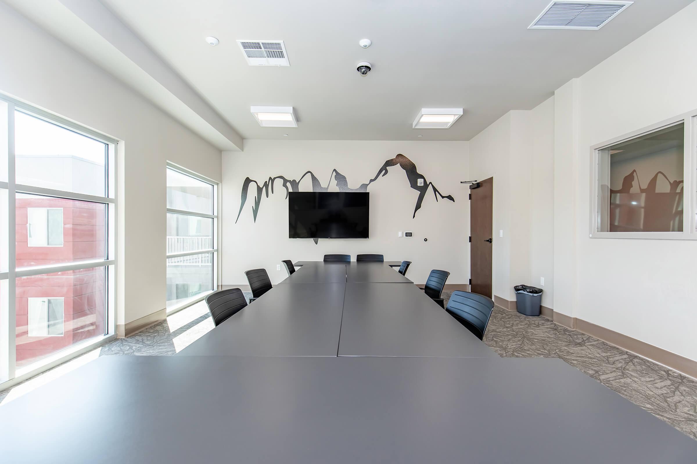 A modern conference room featuring a long table with black chairs, large windows allowing natural light, a mounted flat-screen TV on the wall, and a mountain mural. The room has neutral-colored walls and a carpeted floor, creating a professional atmosphere suitable for meetings.