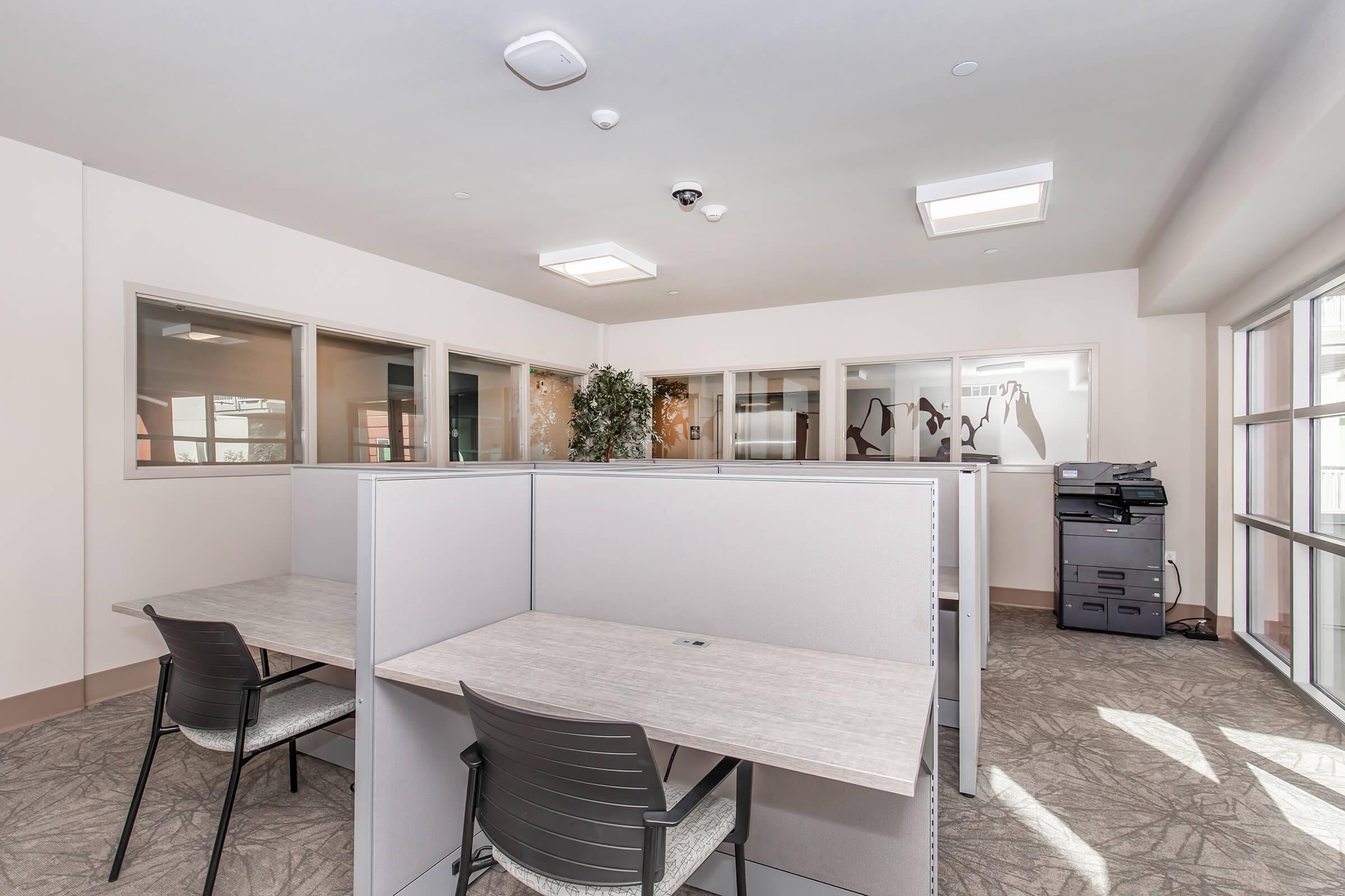 Modern office space featuring cubicles with gray dividers and simple desks. The room has large windows allowing natural light, a potted plant in the background, and a printer in the corner. Minimalistic design with neutral colors and bright overhead lighting, creating a clean and professional environment.