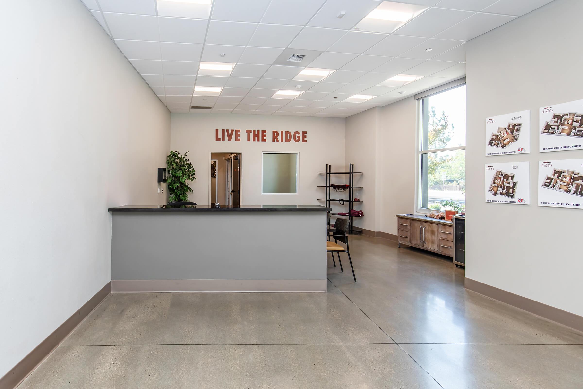 A modern reception area with a sleek countertop, potted plant, and wooden shelves. The wall features the text "LIVE THE RIDGE" in bold letters. There are large windows letting in natural light, and informational posters display floor plans on one side. The flooring is polished concrete, giving a contemporary feel.