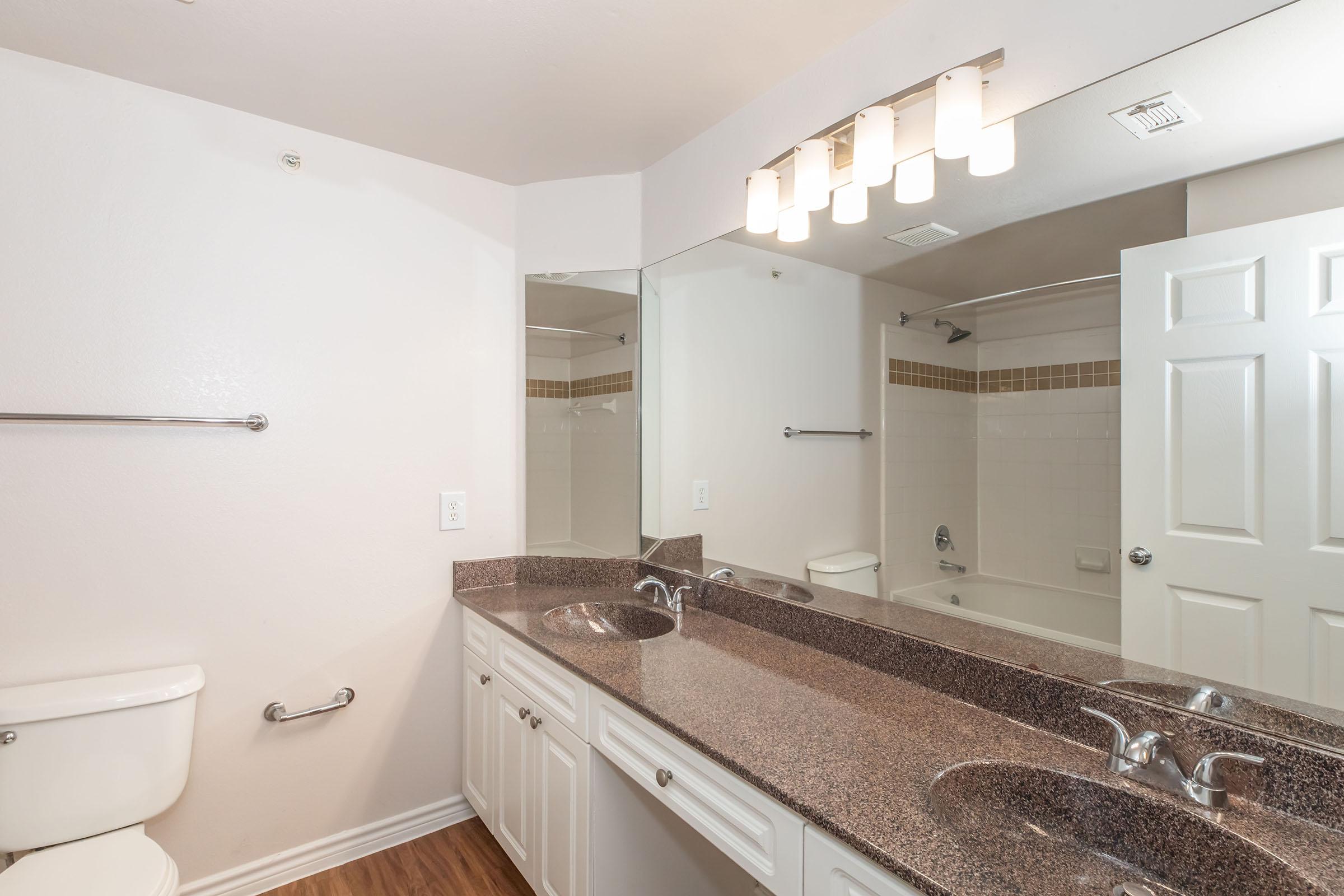 A clean and modern bathroom featuring a double vanity with a dark granite countertop, two sinks, and a large mirror. There is a white toilet and a bathtub/shower combo in a tiled area. The walls are painted light, and the floor has a wooden appearance. Bright overhead lighting provides ample illumination.