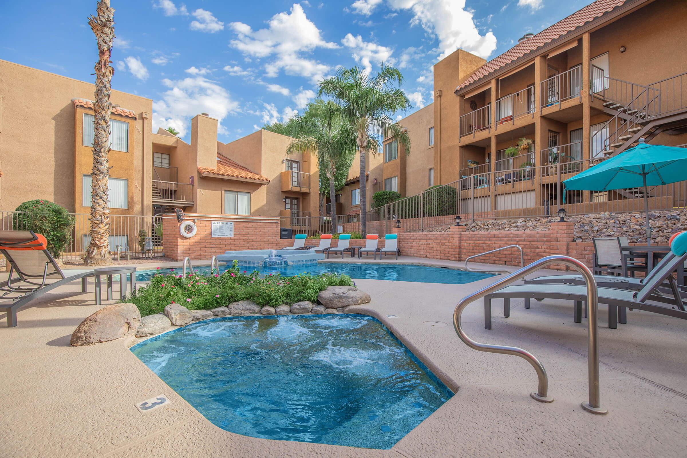 a pool next to a building