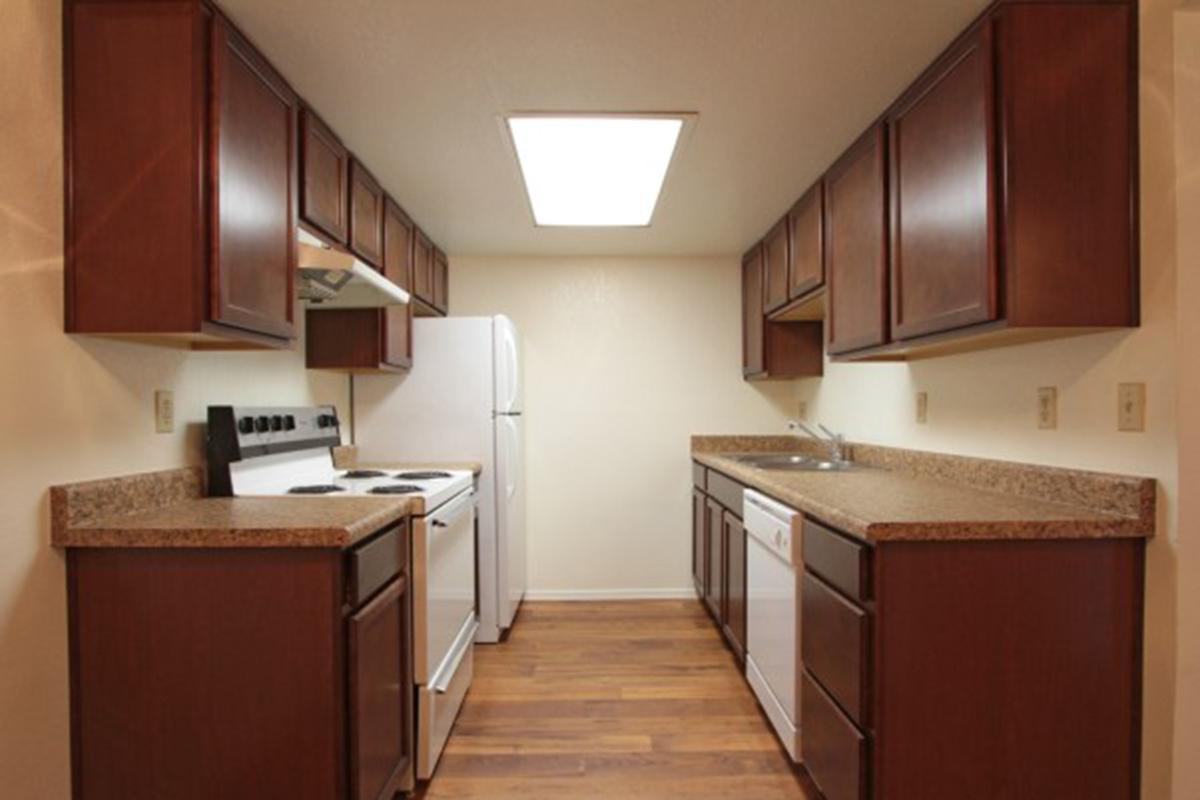 a kitchen with a stove sink and refrigerator